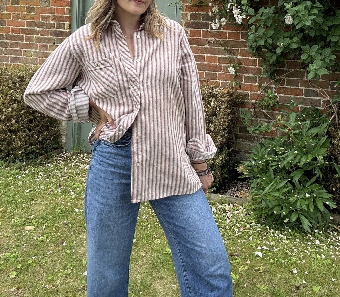 Vintage Size L 10-14 Boho Natural Striped Brushed Cotton Shirt Advanced Shirt Co