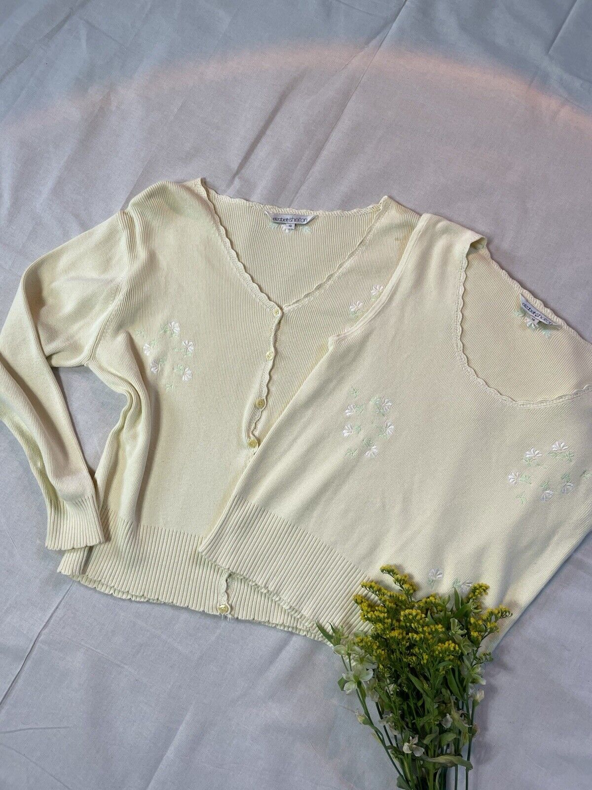 Vintage Size XL 14-16 Yellow Flower Embroidered Cotton Knit Cardigan & Vest Set