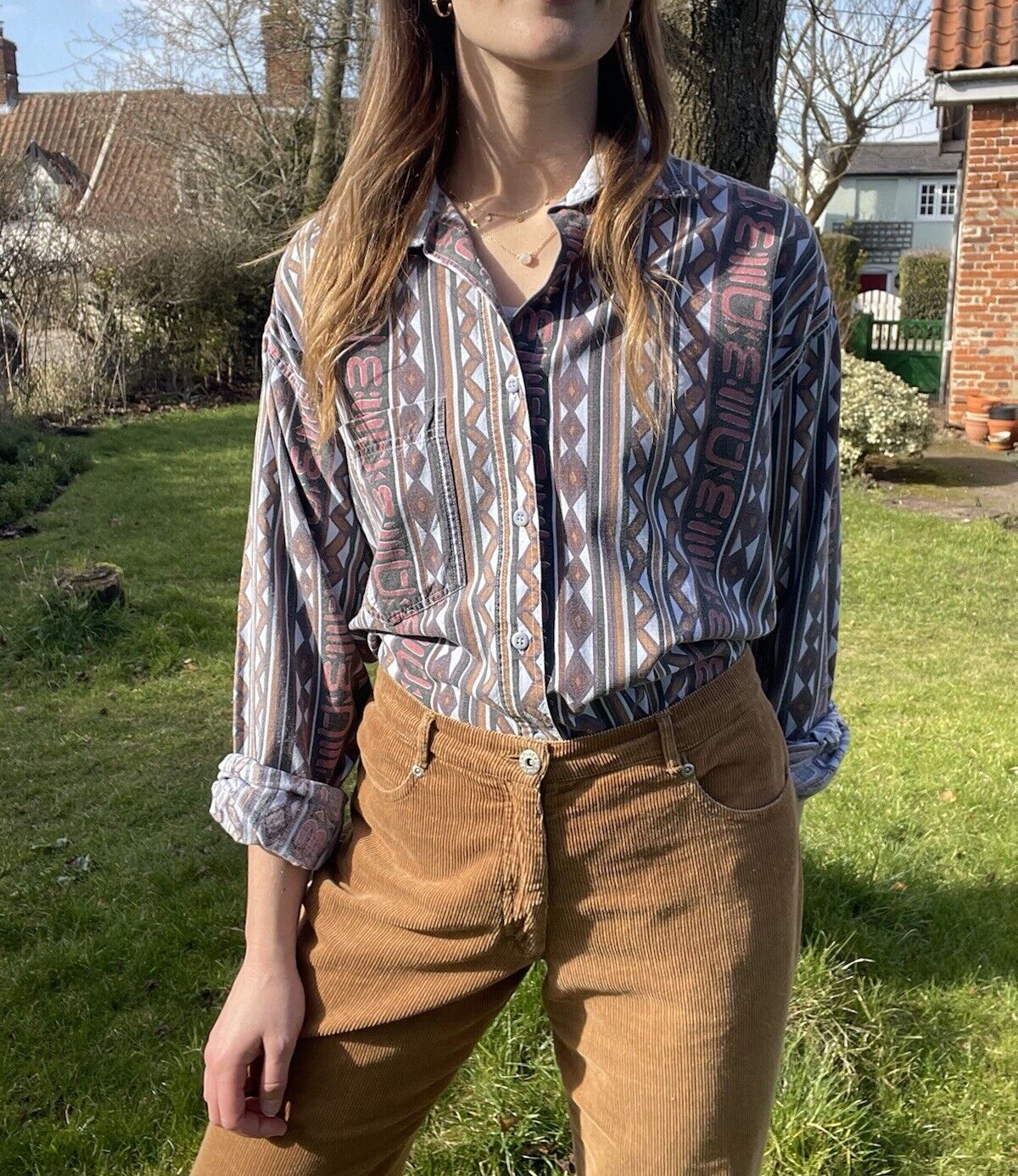 Vintage 70s Size XL 14-18 Grey Blue Funky Patterned Cotton Shirt Take Off