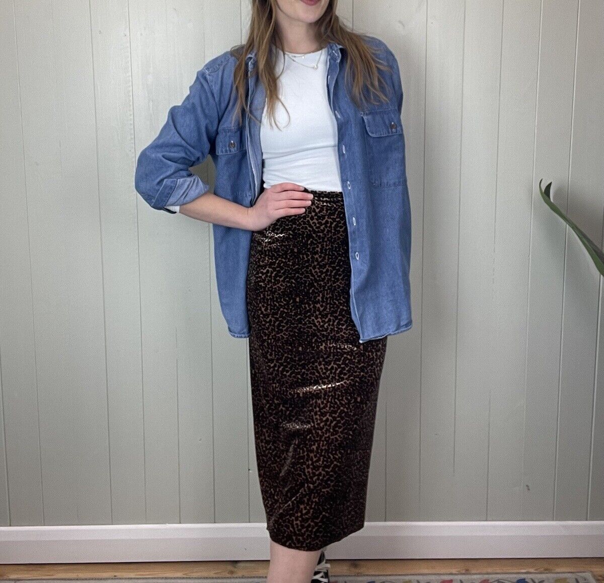 90s Size L 12-14 Brown Leopard Print Velour Midi Skirt