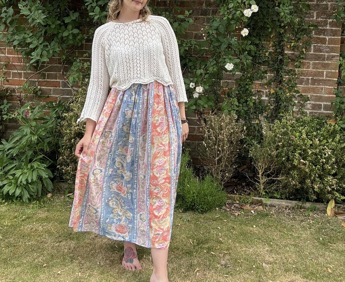 Vintage Free Size 8-22 Romantic Floral Boho Indian Cotton Midi Skirt Phool