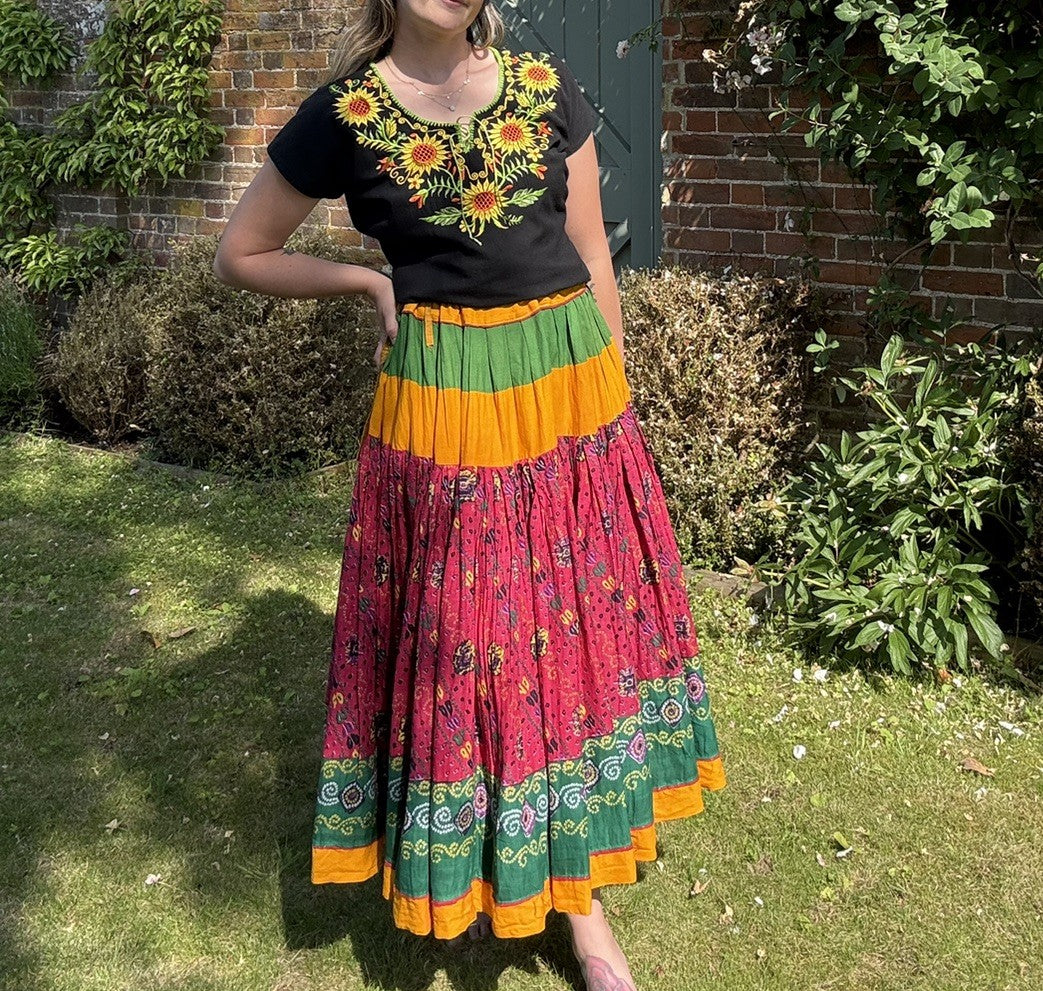 Vintage Free size 8-14 Bright Boho Hippy Tiered Cotton Midi Skirt