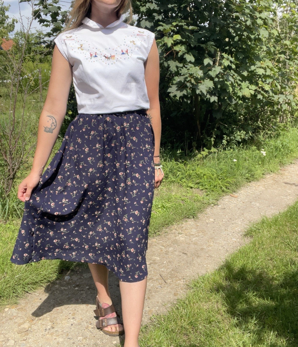 Size M 10-12 Navy Floral Belted Midi Skirt St Michael