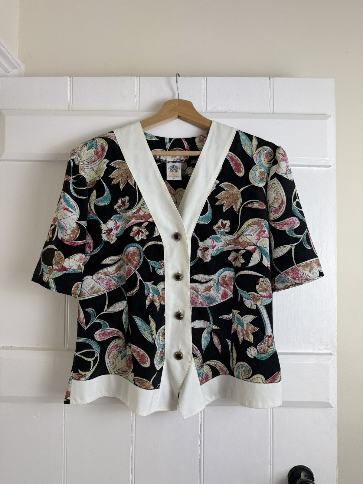 Vintage 80s Size M 12-14 Black Floral Patterned Button Front Blouse C&A