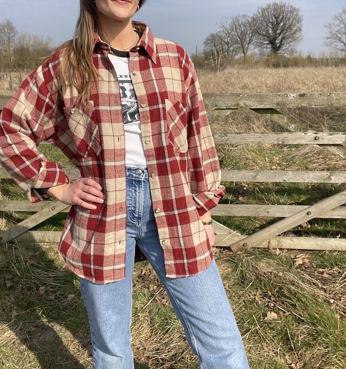 Vintage Size XL 10-18 Red Check Western Shirt/Overshirt Sisley