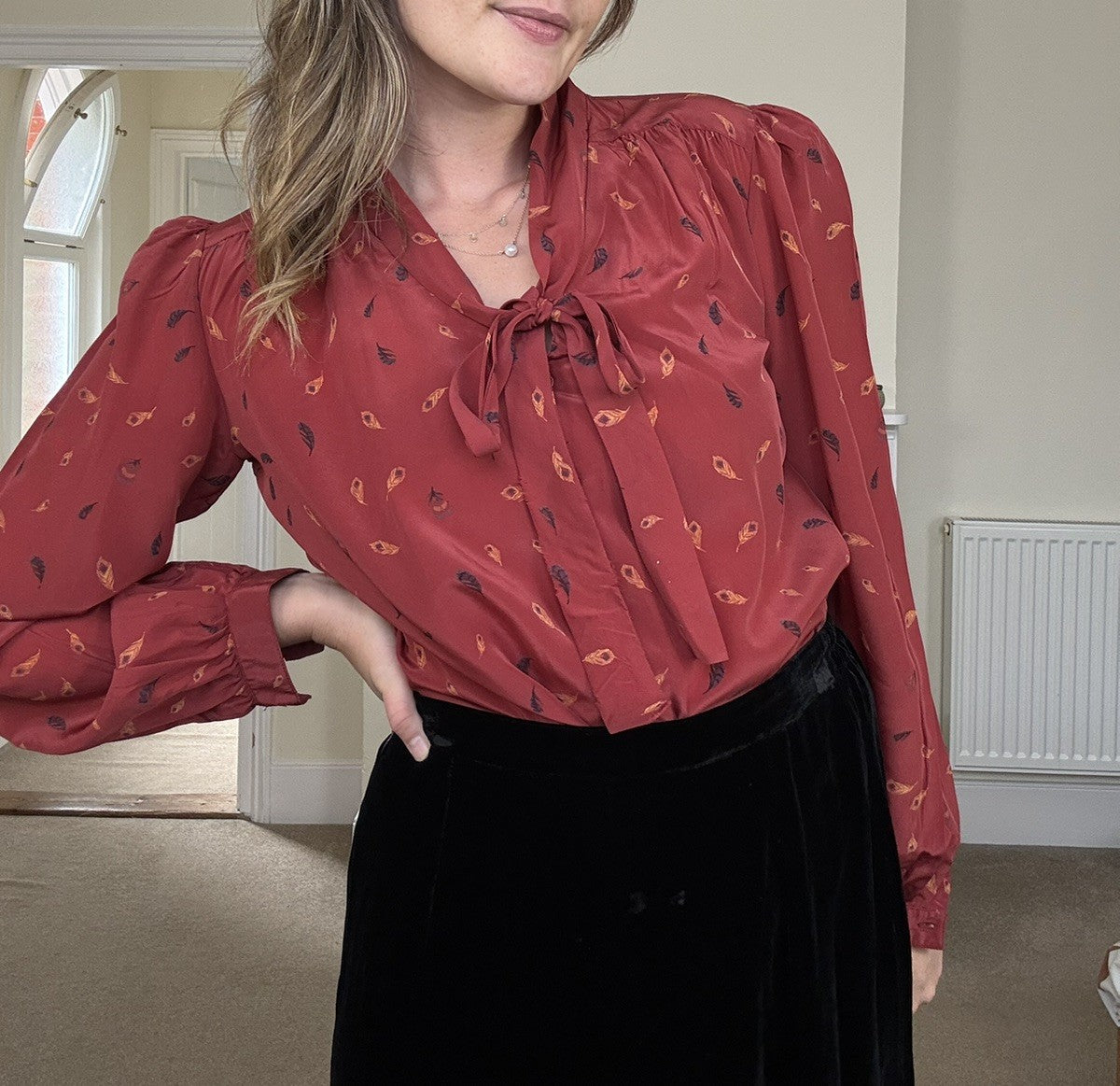 Vintage Size M 10-14 70/80s Red Feather Print Tie Neck Blouse by Country Casuals