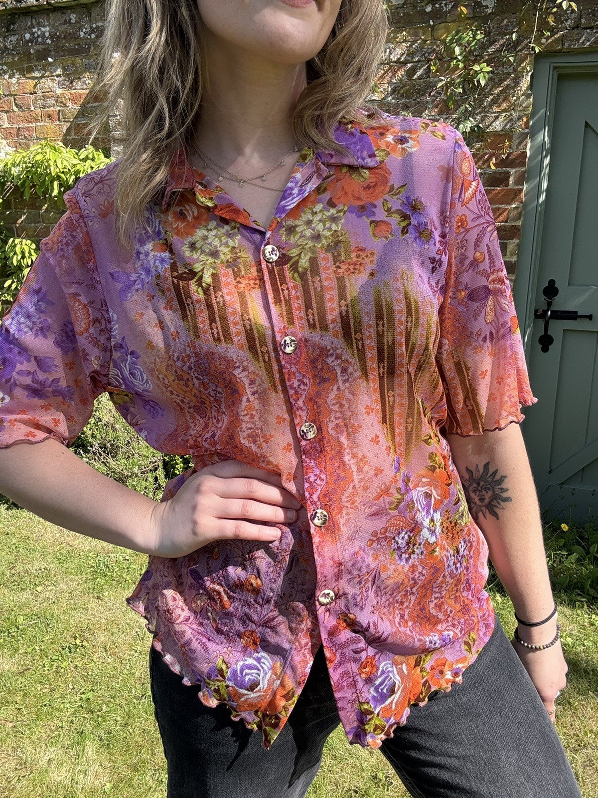 Vintage Size 2XL 16-20 Pink Purple Boho Fairy Stretchy Mesh Shirt Top