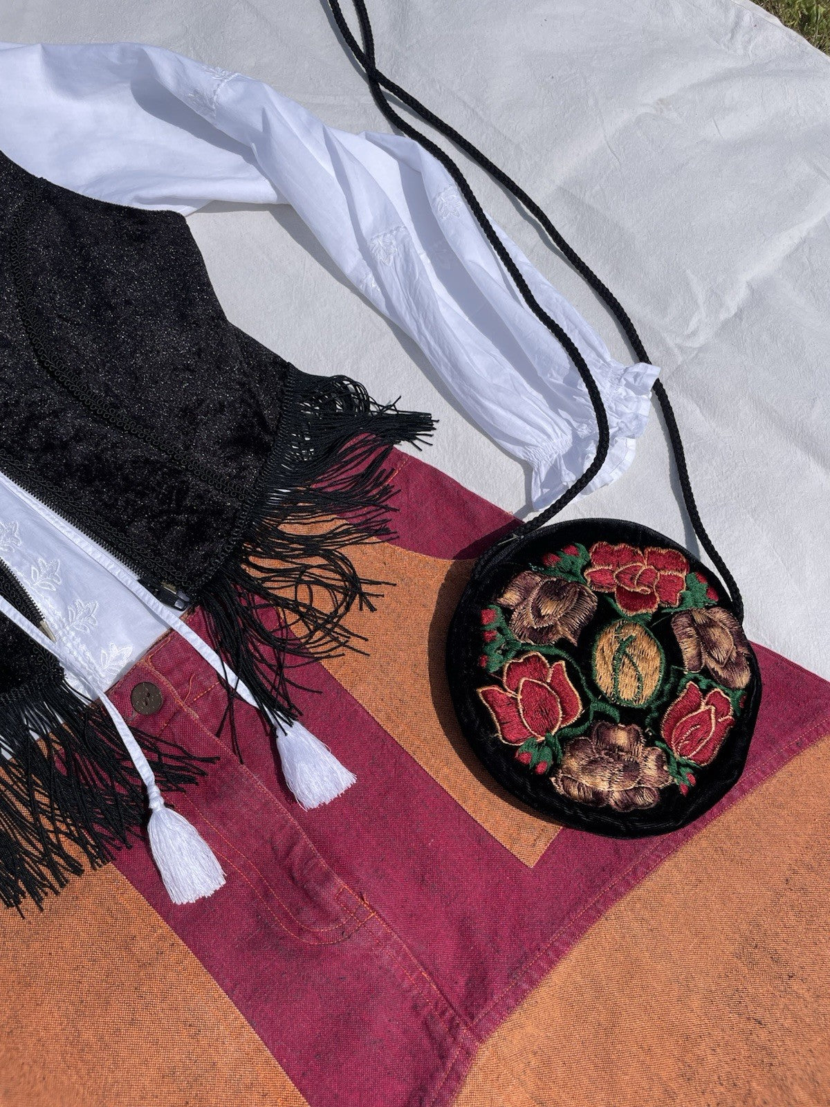 Vintage Black Round Boho Folk Embroidered Velvet Crossbody Bag