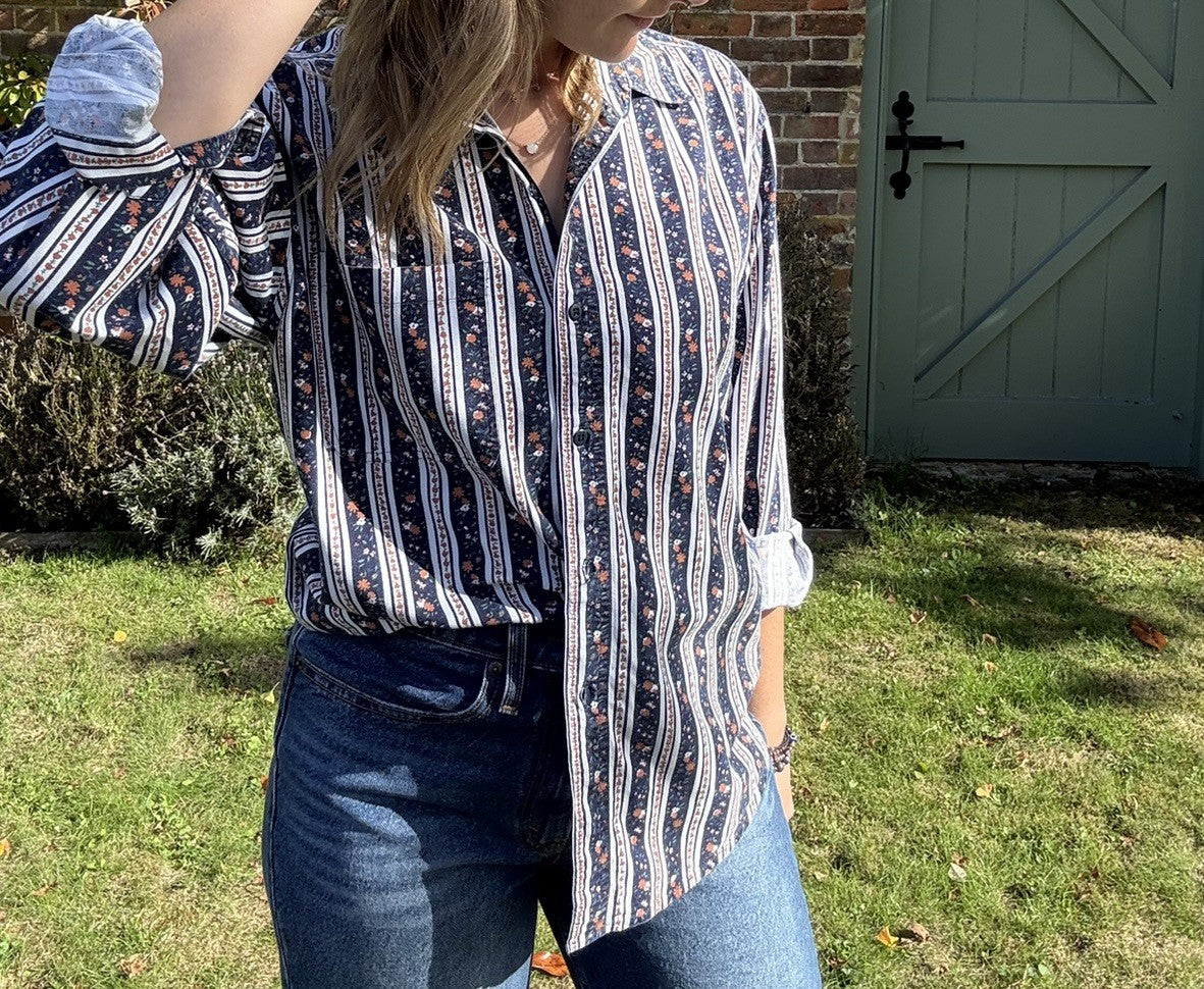 Vintage Size M 8-12 90s Navy Striped Floral Cotton Shirt New Look