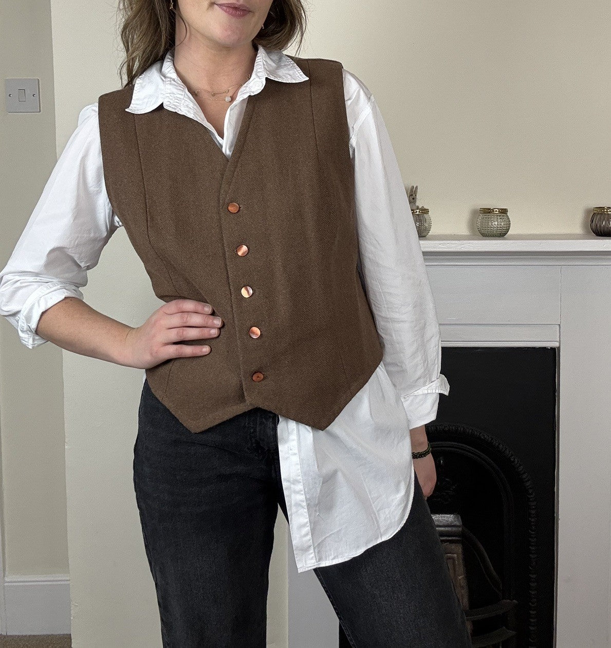 Vintage Size S 6-10 Brown Wool Tweed Button Front Waistcoat