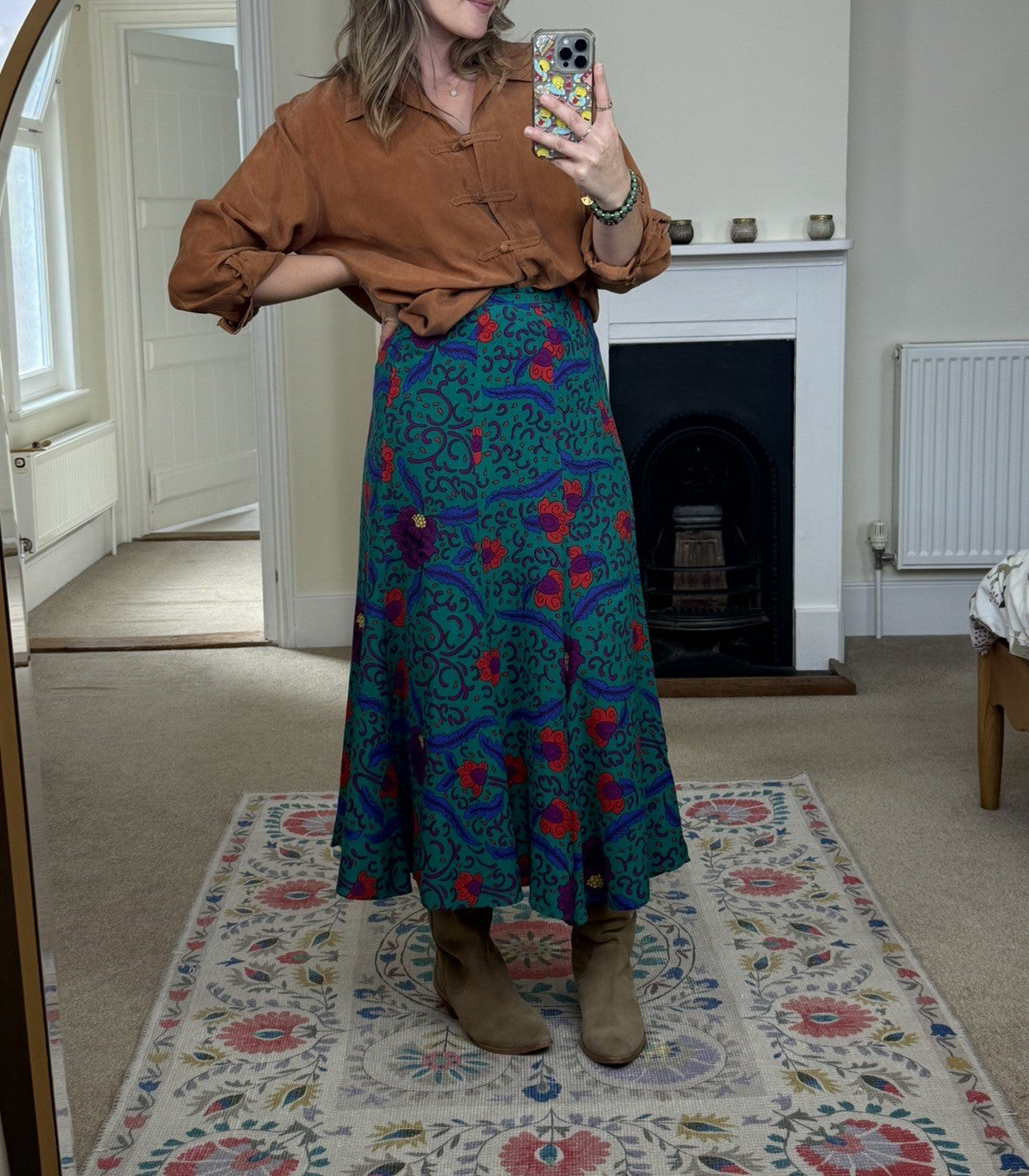 Vintage Size 8 Green Whimsical Patterned Midi Skirt by Claude