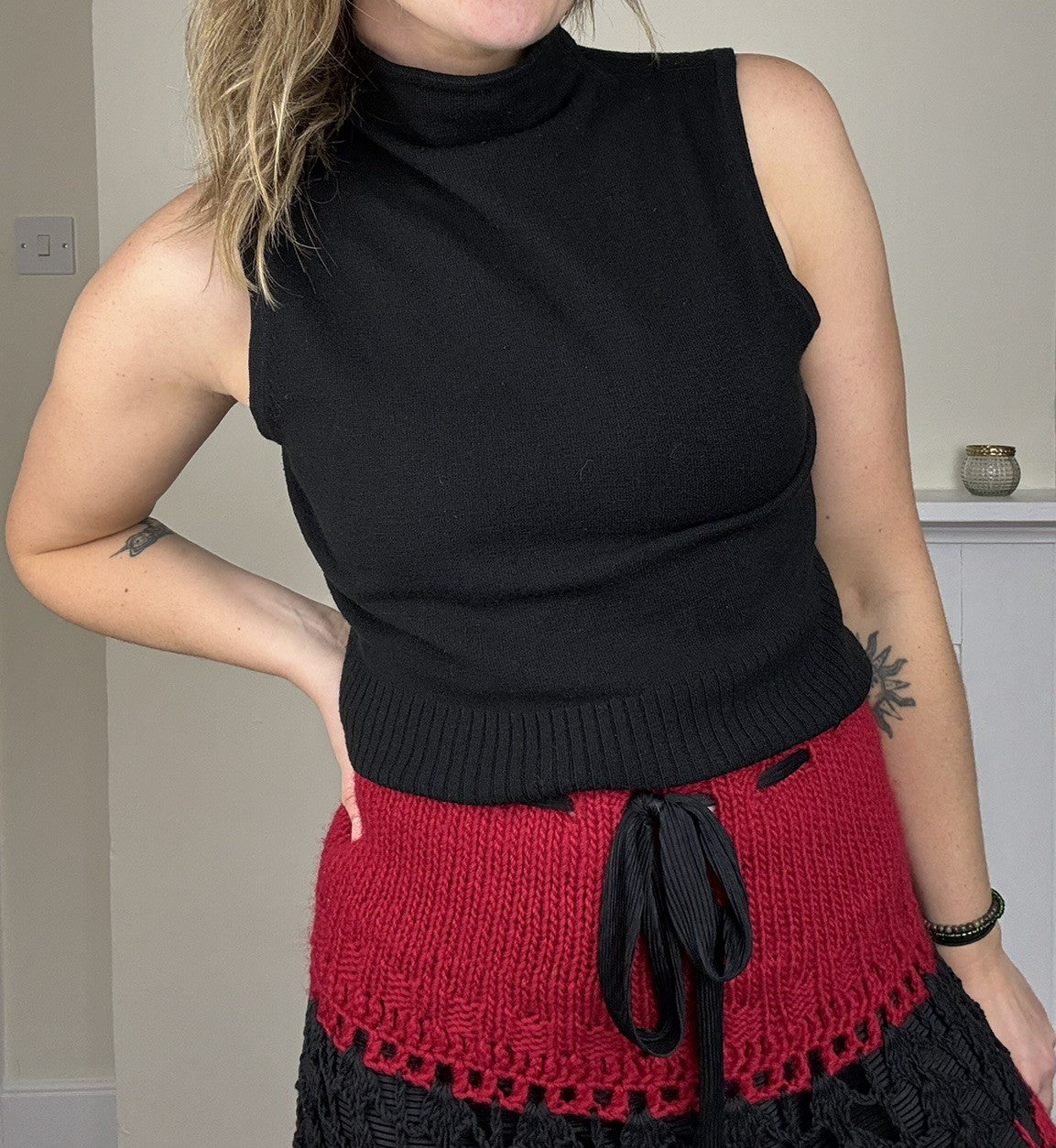 Vintage 90s Size L 10-14 Black High Neck Knit Vest Tank Top Bay