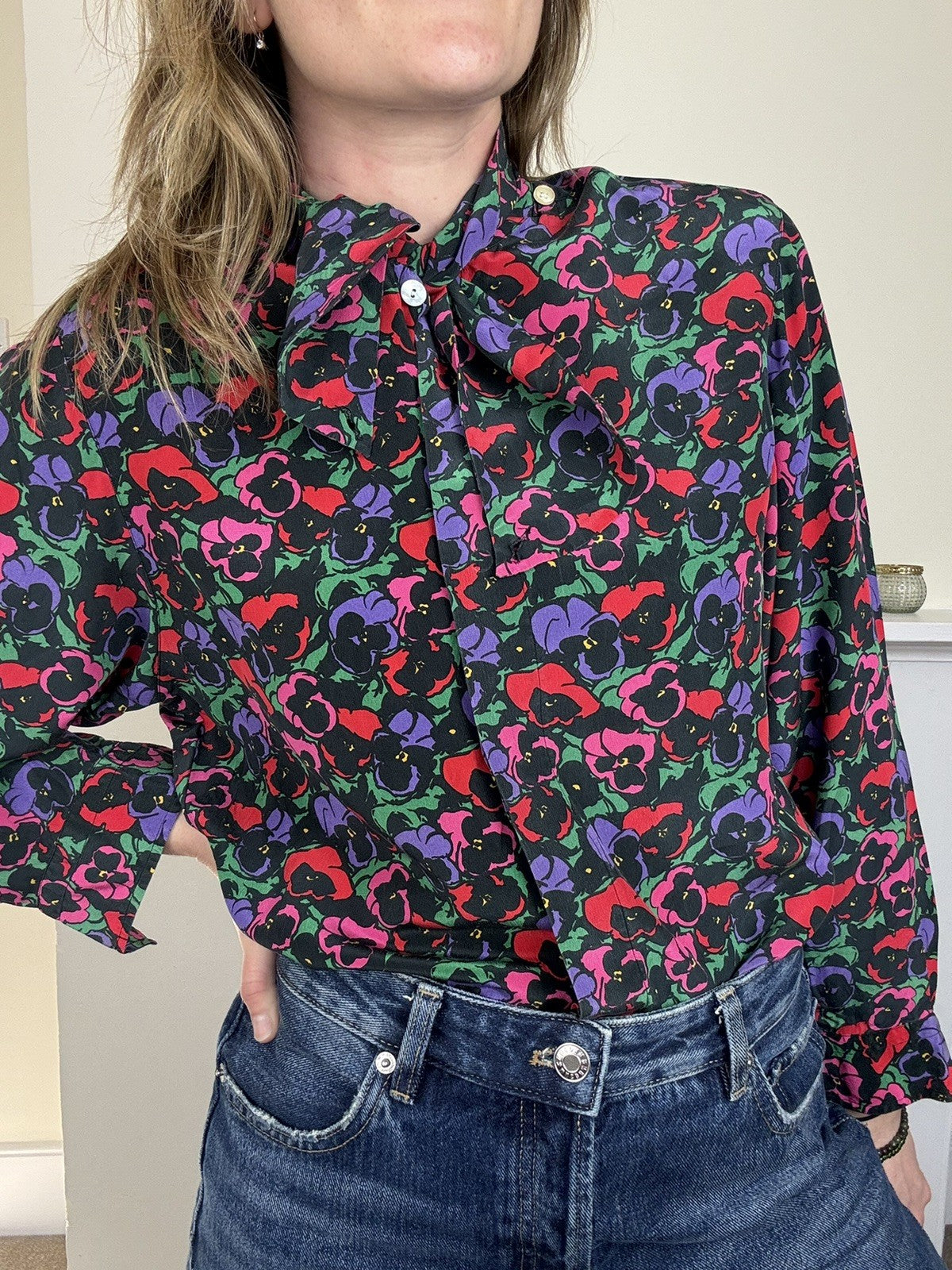 Vintage Size S 8-10 100% Silk Black Poppies Tie Neck Blouse James Meade