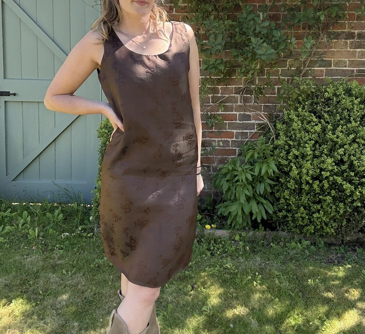 Vintage Handmade Size M 10-12 Brown Floral Wide Strap Dress
