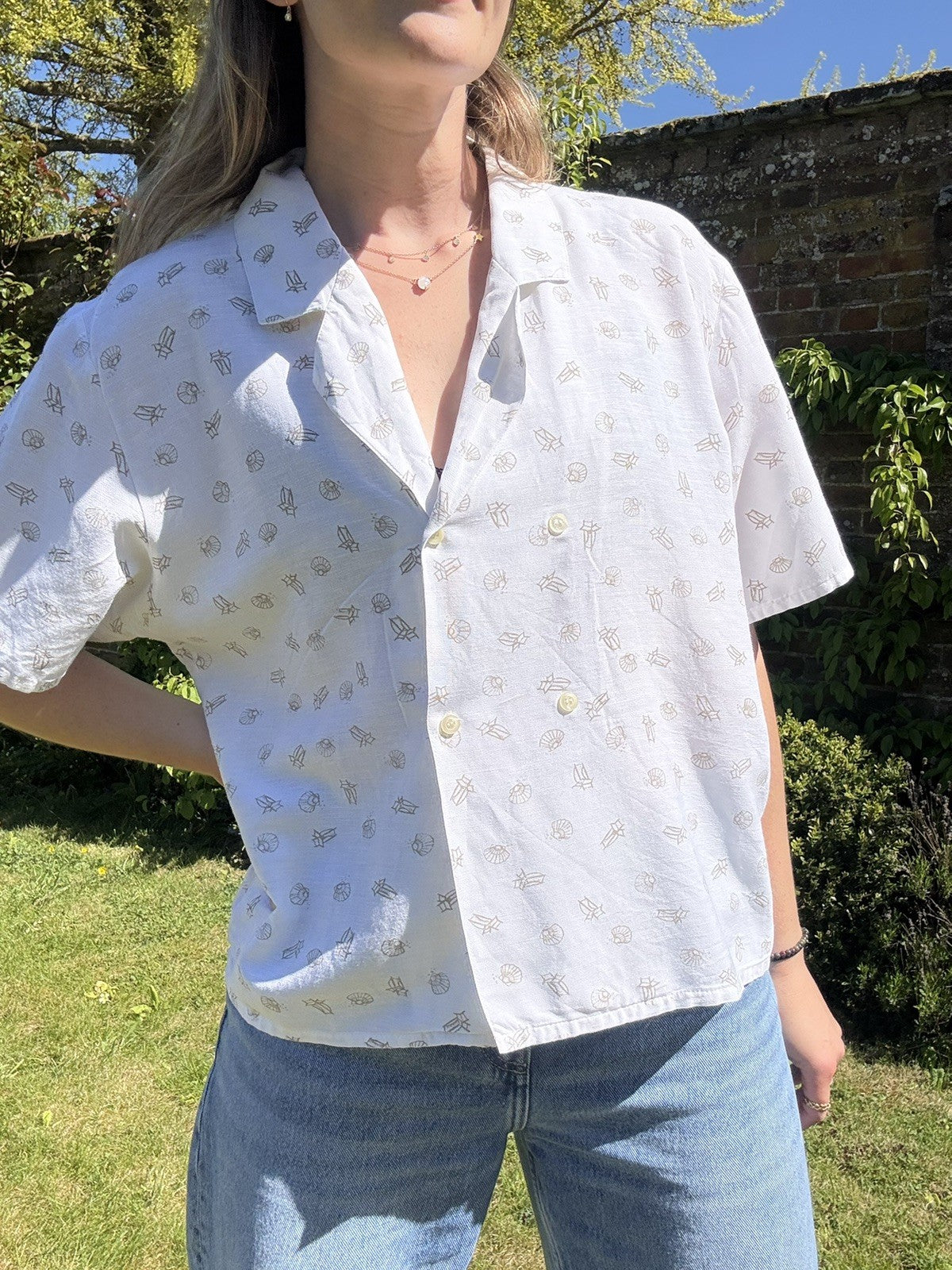 Vintage Size XL 14 & 16 White Sea Shell Cotton Linen Blend Blouse Anne Brooks
