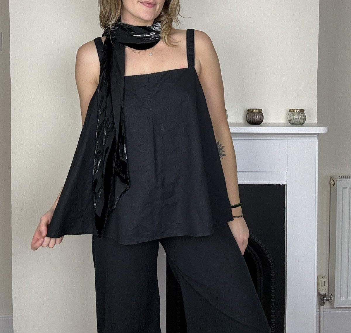 Size XL 14-16 Black Linen Cotton Strappy Swing Top Benetton