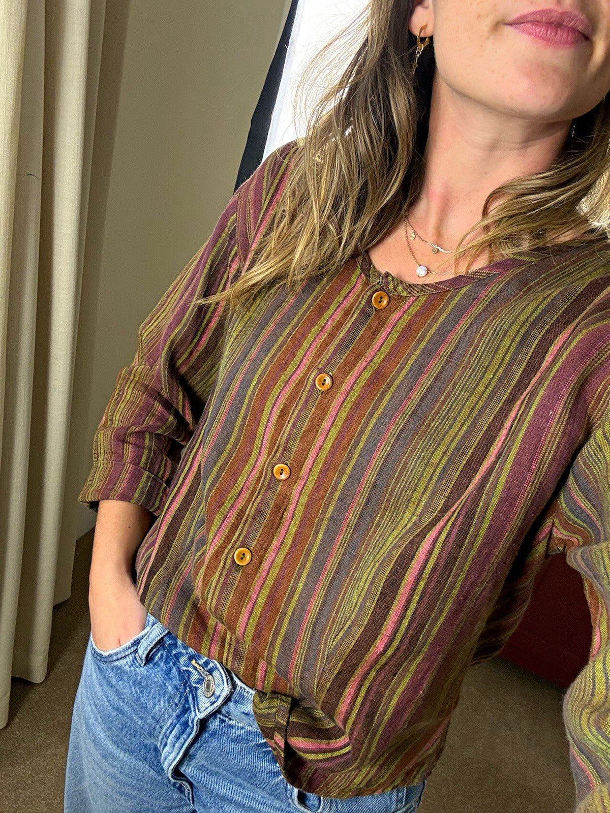 Size S 10-12 FLAX Earthy Striped 100% Linen Button Front Top