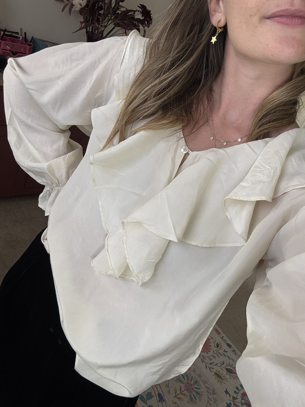 Vintage Size M 10-14 Cream Romantic Ruffle Silk Blouse by Jonathan Martin
