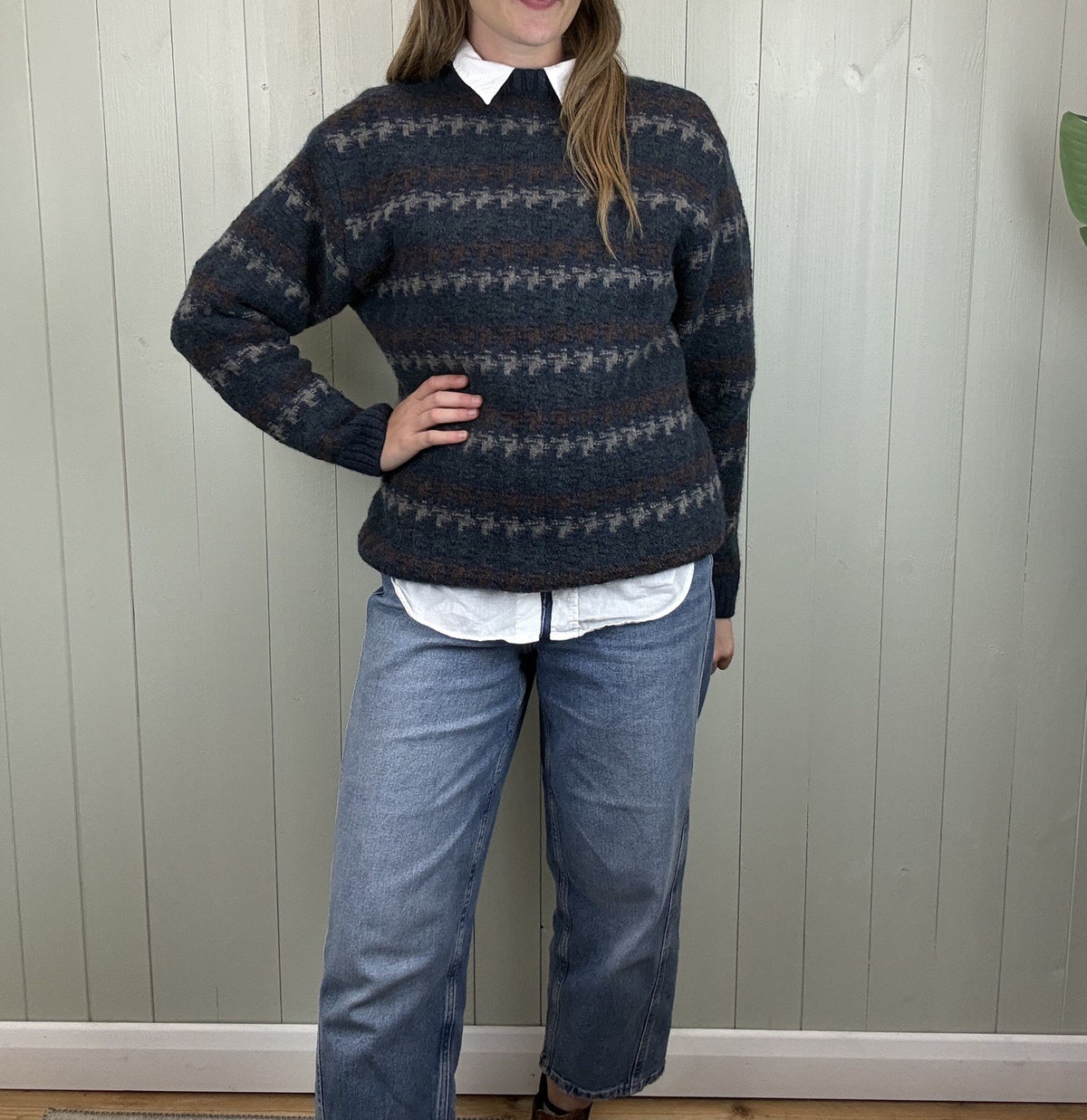 Vintage Size L 12-16 Navy Patterned Chunky Knit Boiled Wool Jumper Orvis