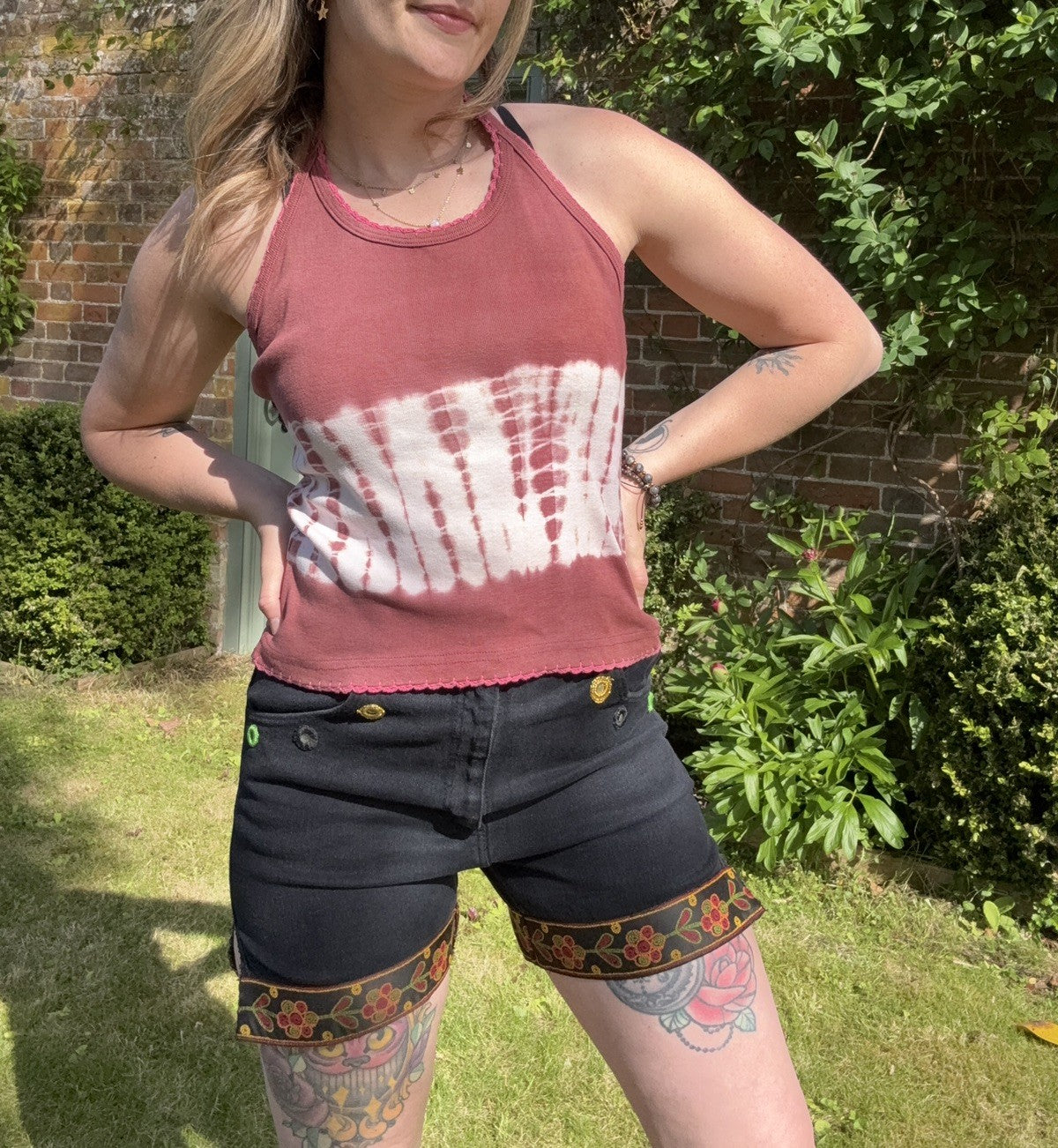 Vintage 90s Size M 8-12 Pink Cotton Boho Tie Dye Halter Neck Summer Top