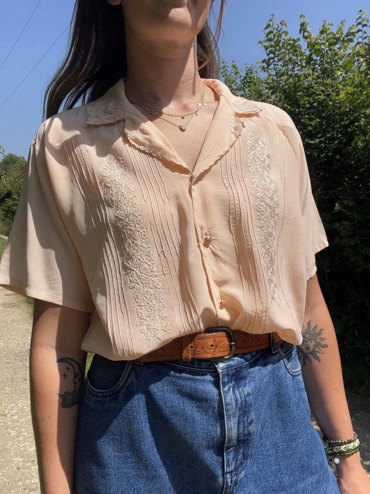 Vintage Size L 12-16 Light Pink Embroidered 100% Silk Peasant Folk Blouse