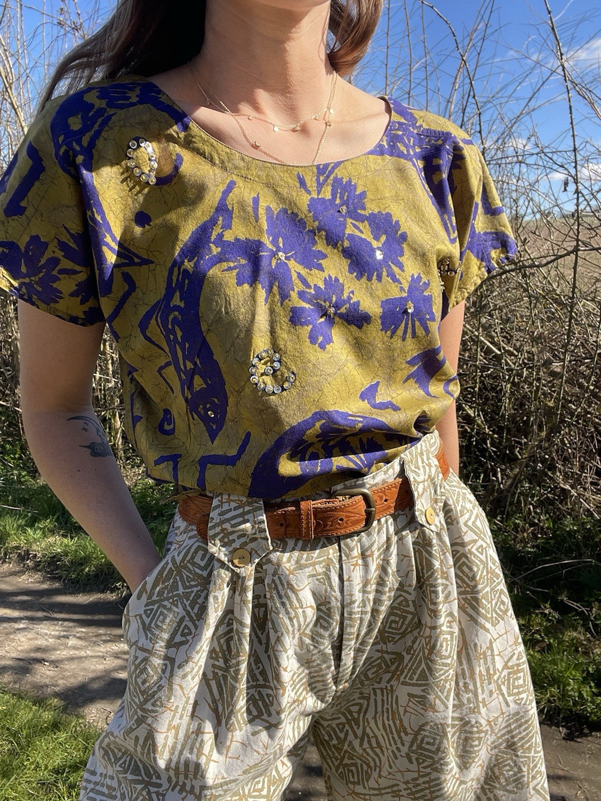 Vintage Size M 10-14 Yellow Blue Boho Fish Patterned Summer Top