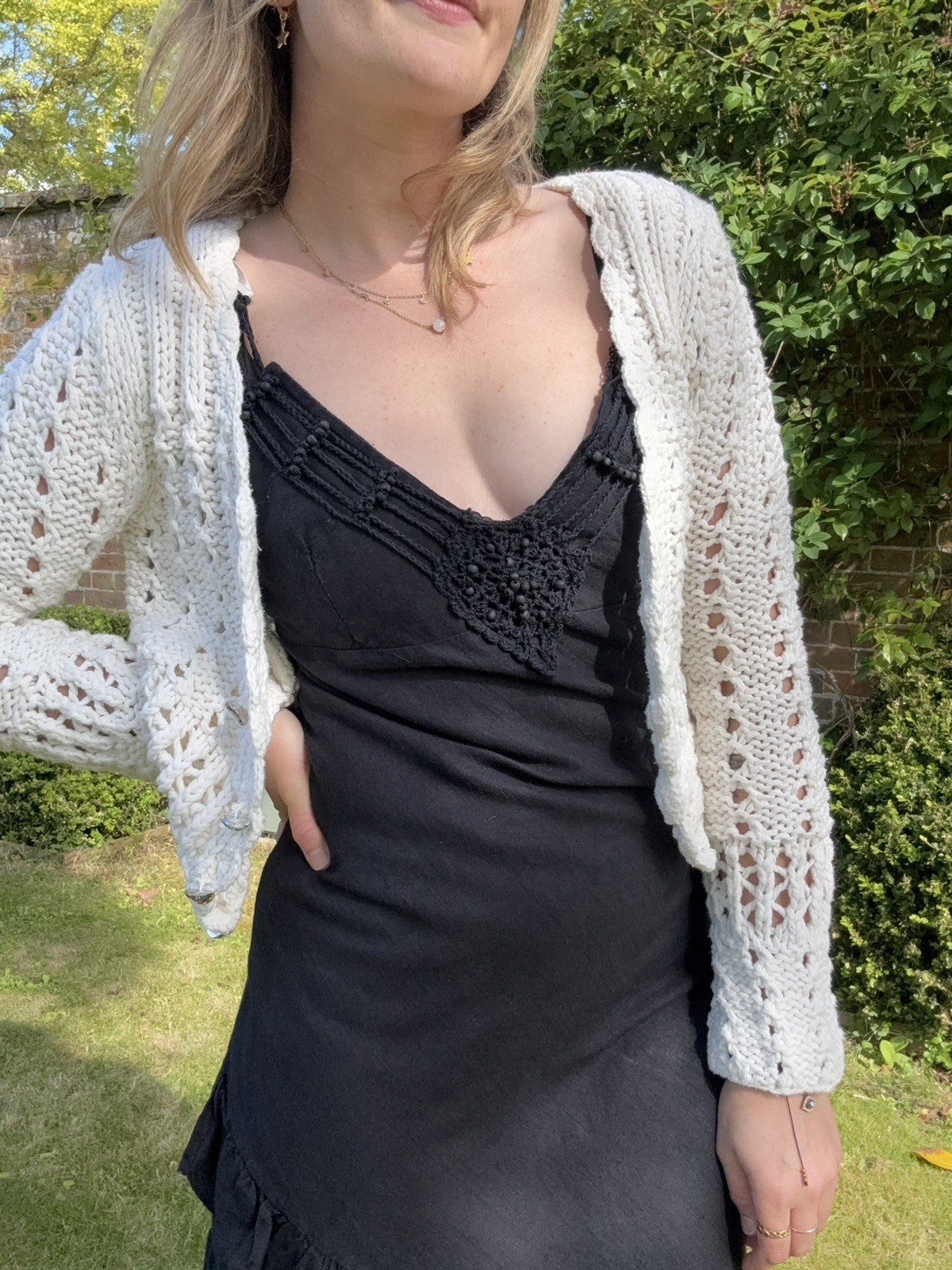 Vintage Y2K Size S 6-10 White Cotton Blend Crochet Knit Cardigan