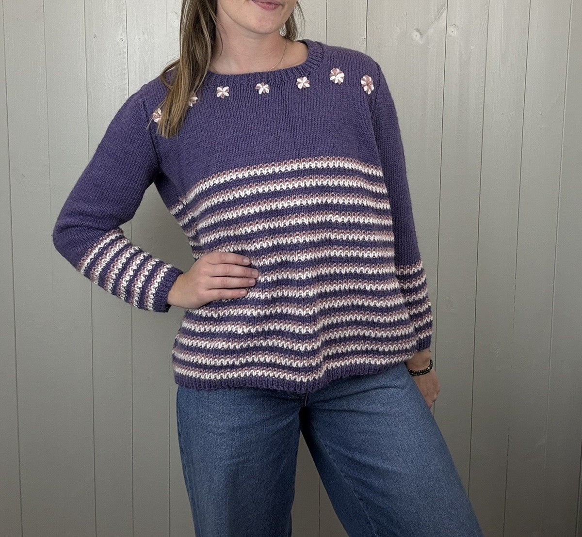 Handmade Size L 10-16 Purple Flower Striped Knit Jumper