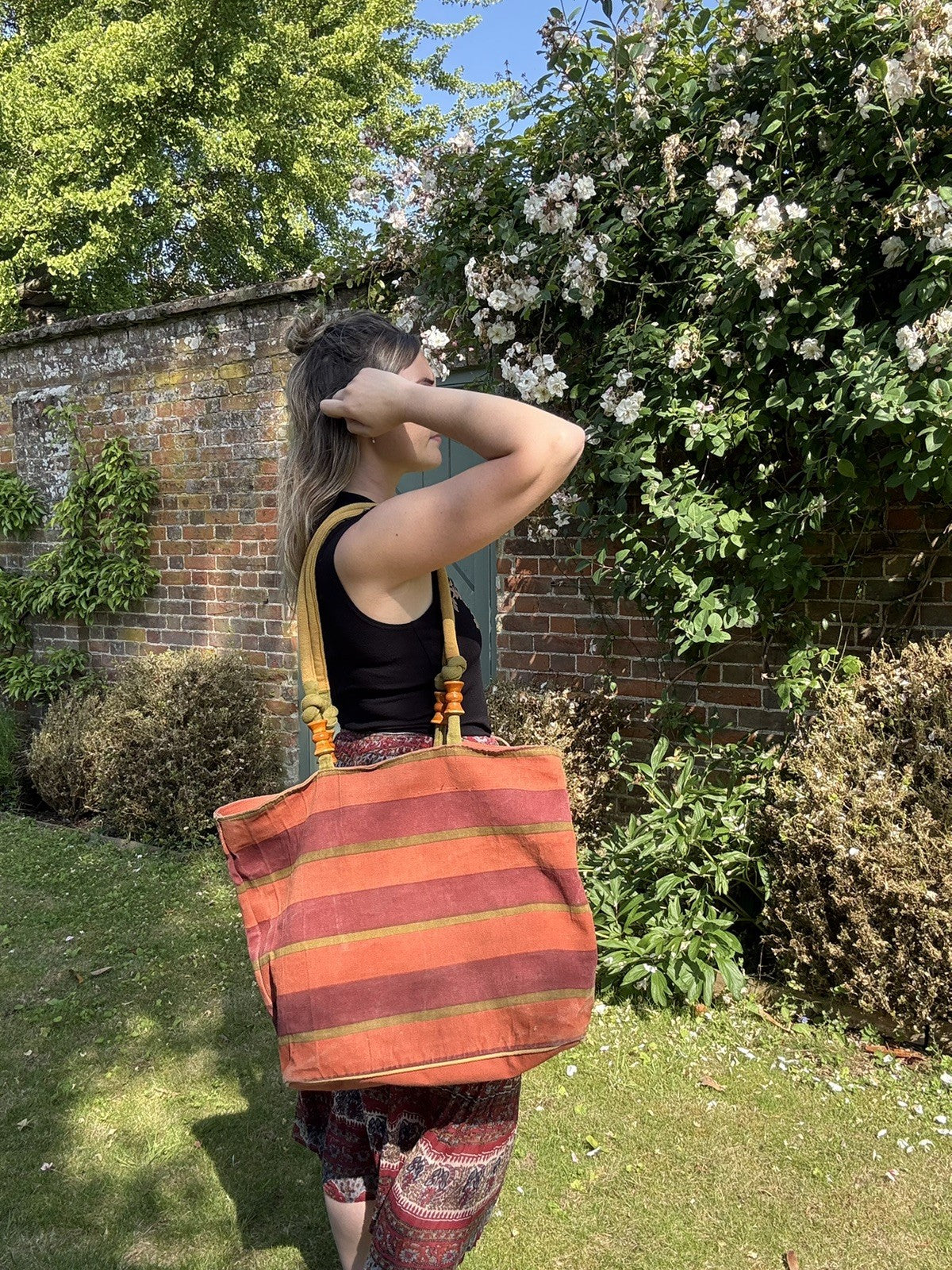 Vintage Orange & Brown Boho Hippy Cotton Canvas Striped Bag