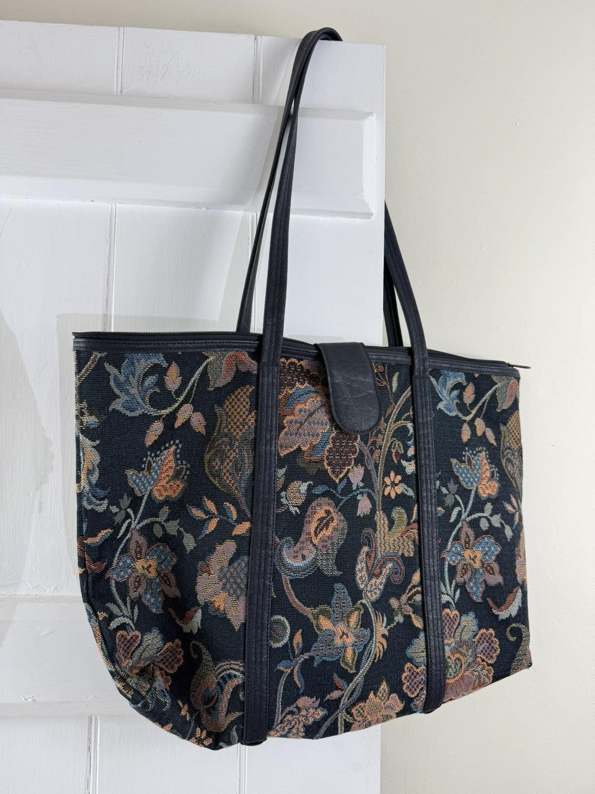 Vintage Black/Dark Navy Floral Tapestry Shoulder Bag by St Michael