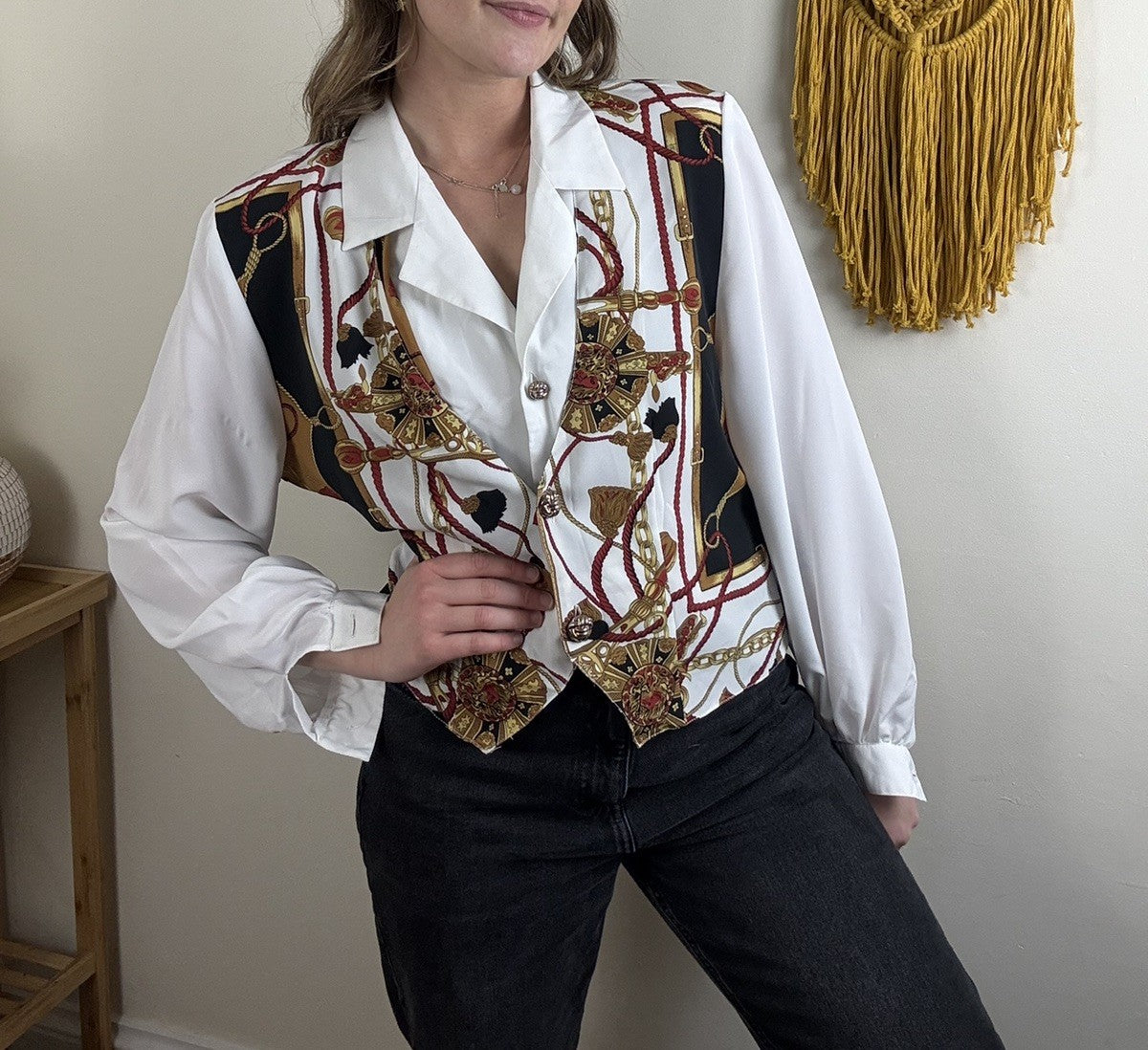 Vintage 80s Size M 10-12 White Scarf Print Waistcoat Blouse Yessica C&A