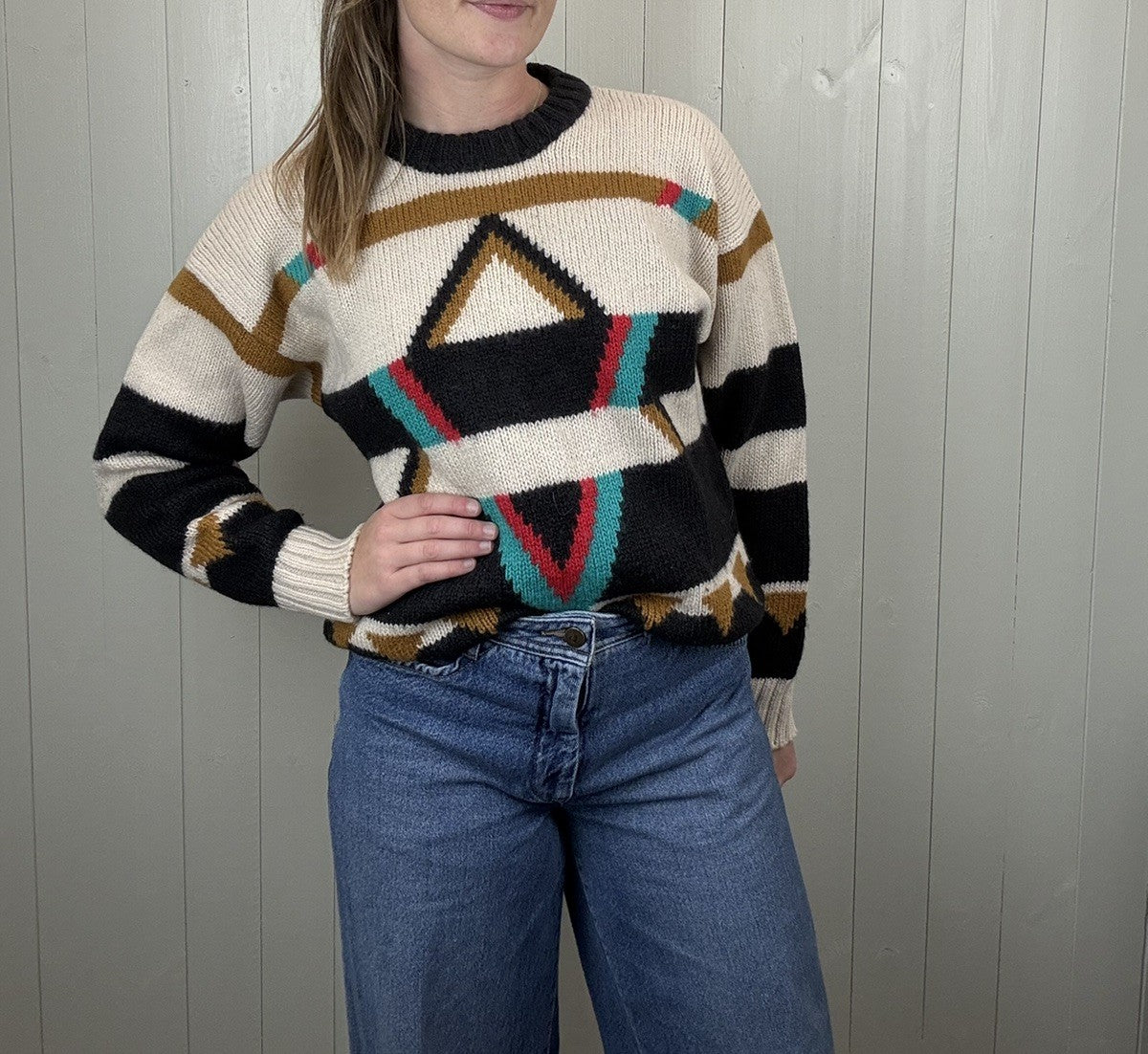 Vintage Size M 10-14 Cream Patterned Chunky Knit 100% Wool Jumper Fila