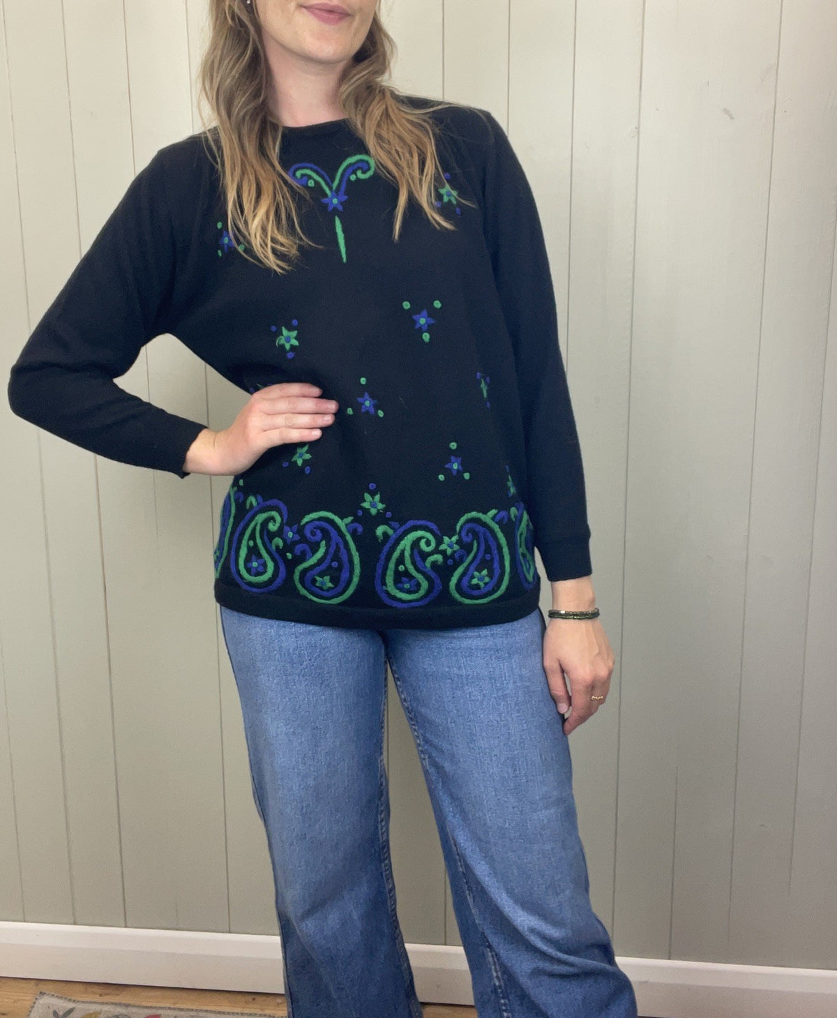 Vintage Size L 10-14 Black Funky Boho Patterned Pure New Wool Knit Jumper