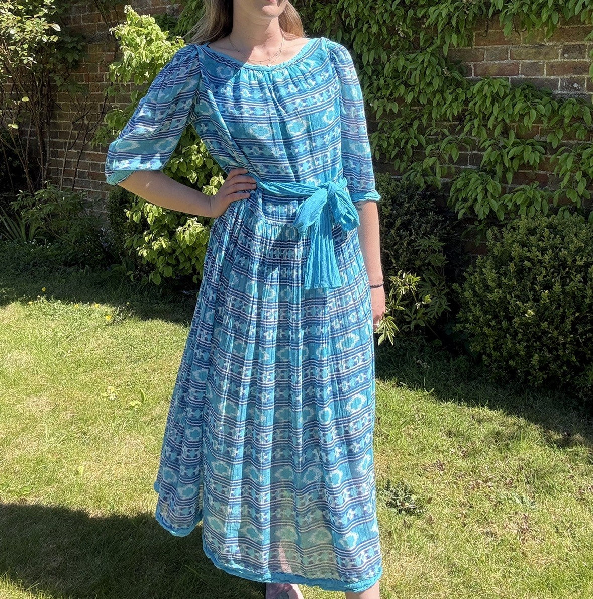 Vintage 1970s Adini Size L 10-16 Blue Cotton Gauze Patterned Midi Dress