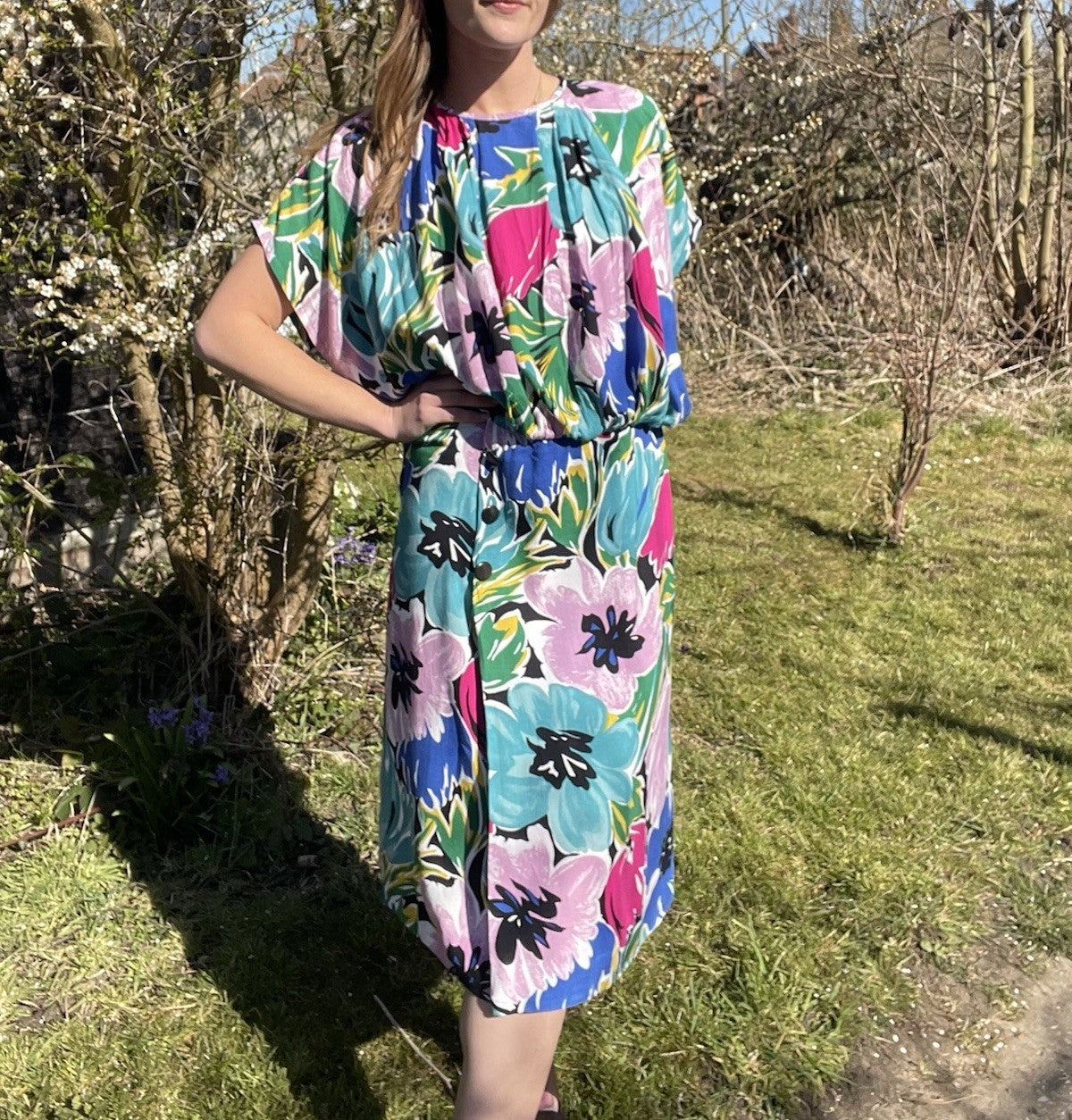 Vintage 80s Size XL 14-16 Bright Floral Midi Dress