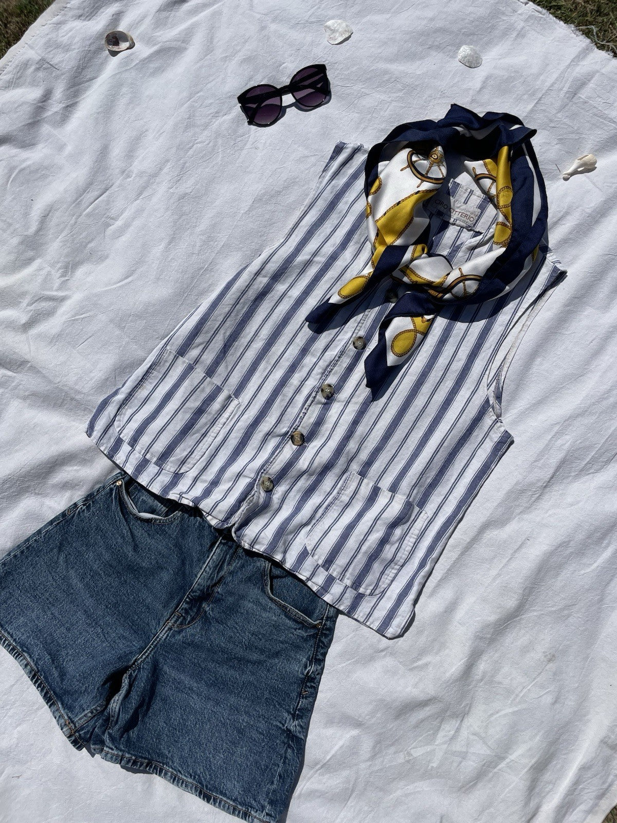 Vintage Size L 10-16 Blue Striped Cotton Linen Boxy Waistcoat Button Front Top