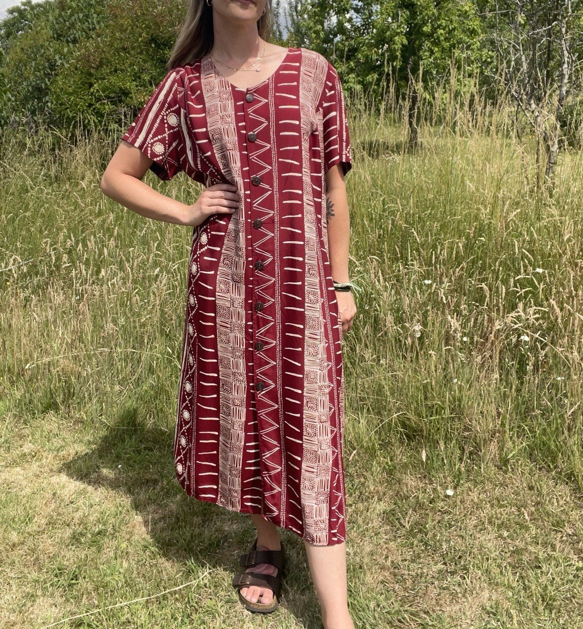 Vintage 90s Size XL 14-18 Burgundy Funky Pattern Midi Dress