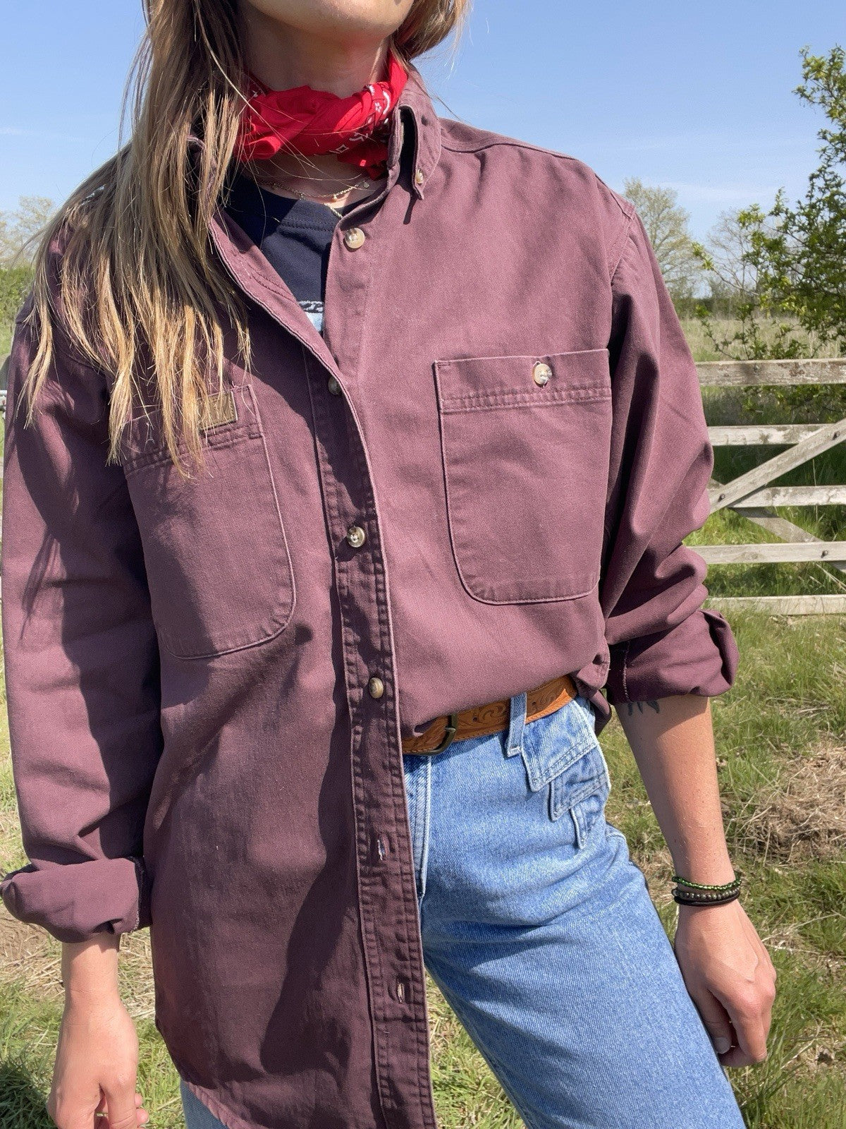 Size L 10-14 Burgundy Wrangler Riggs Workwear Denim Shirt/Overshirt