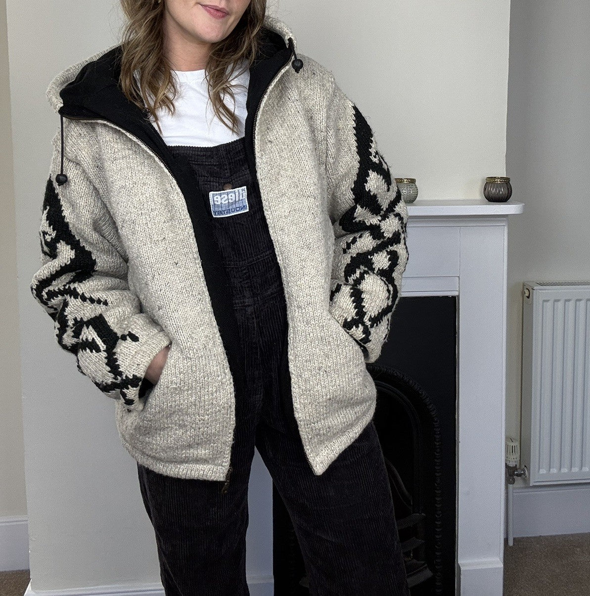 Size M 6-12 Grey Tribal Chunky Knit Hooded Wool Cardigan Jacket Luckys Pullover