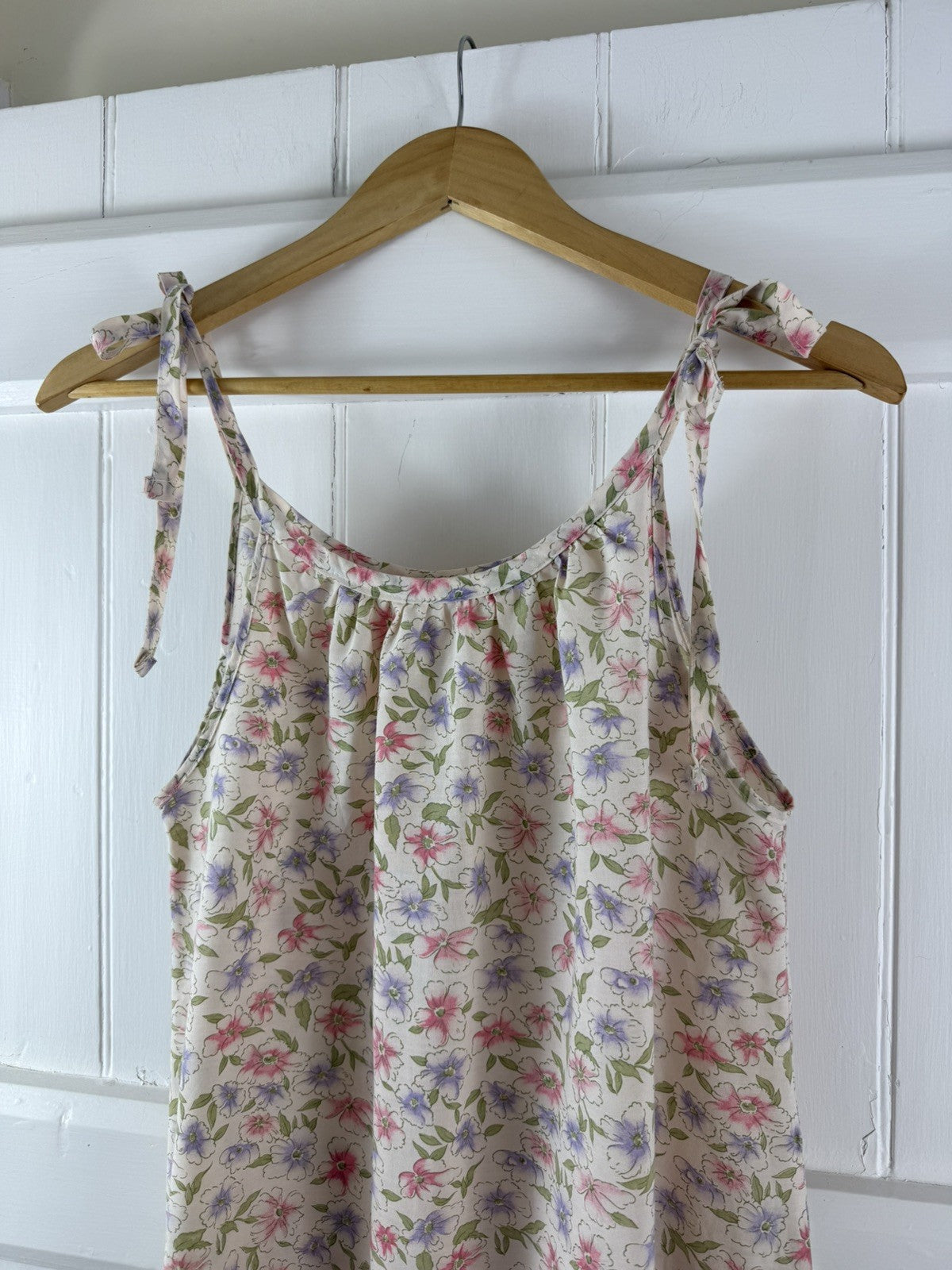 Vintage Size S 6-10 Cream Romantic Floral Tie Shoulder Midi Slip Dress