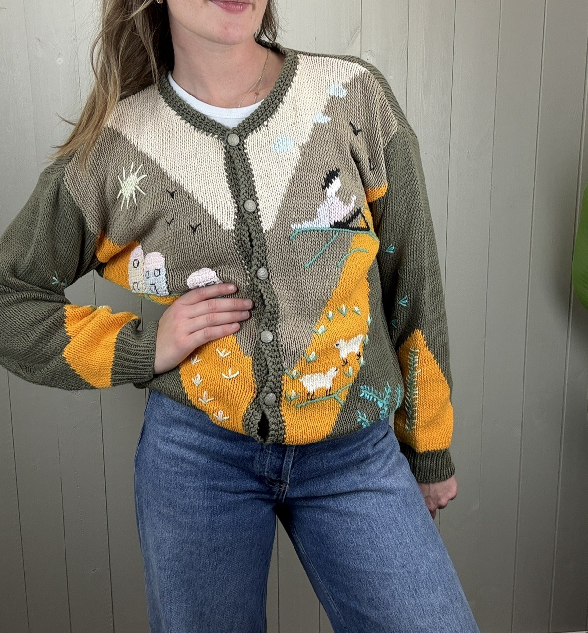 Vintage Size L 10-14 Taupe Country Sheep Pure Cotton Knit Cardigan Bella