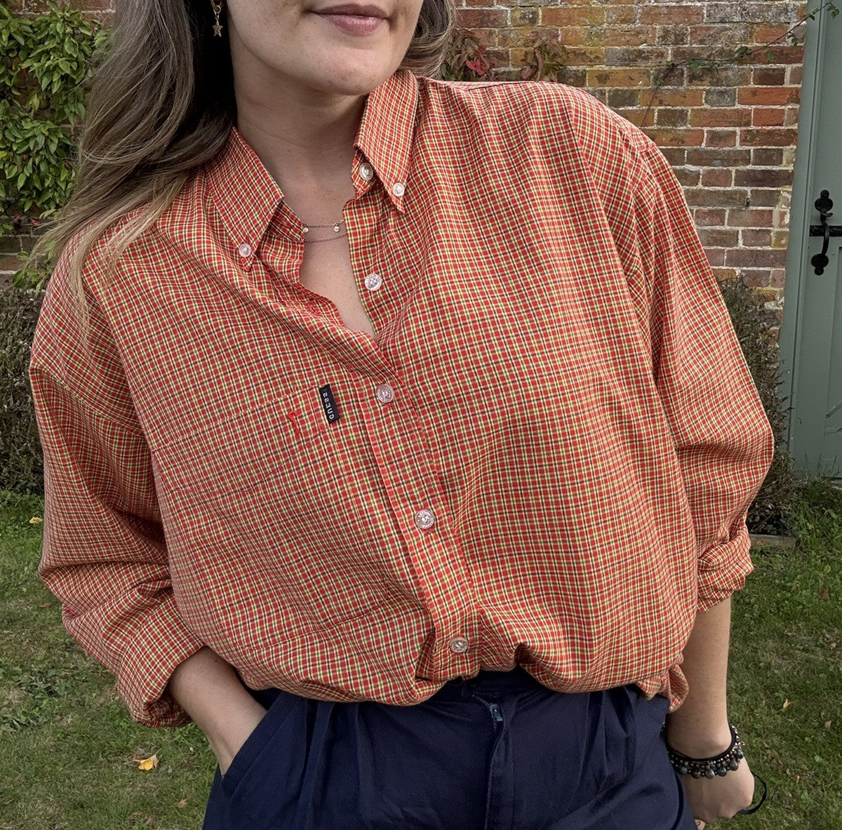 Vintage Size L 14-18 Orange Check 100% Cotton Shirt by Guess