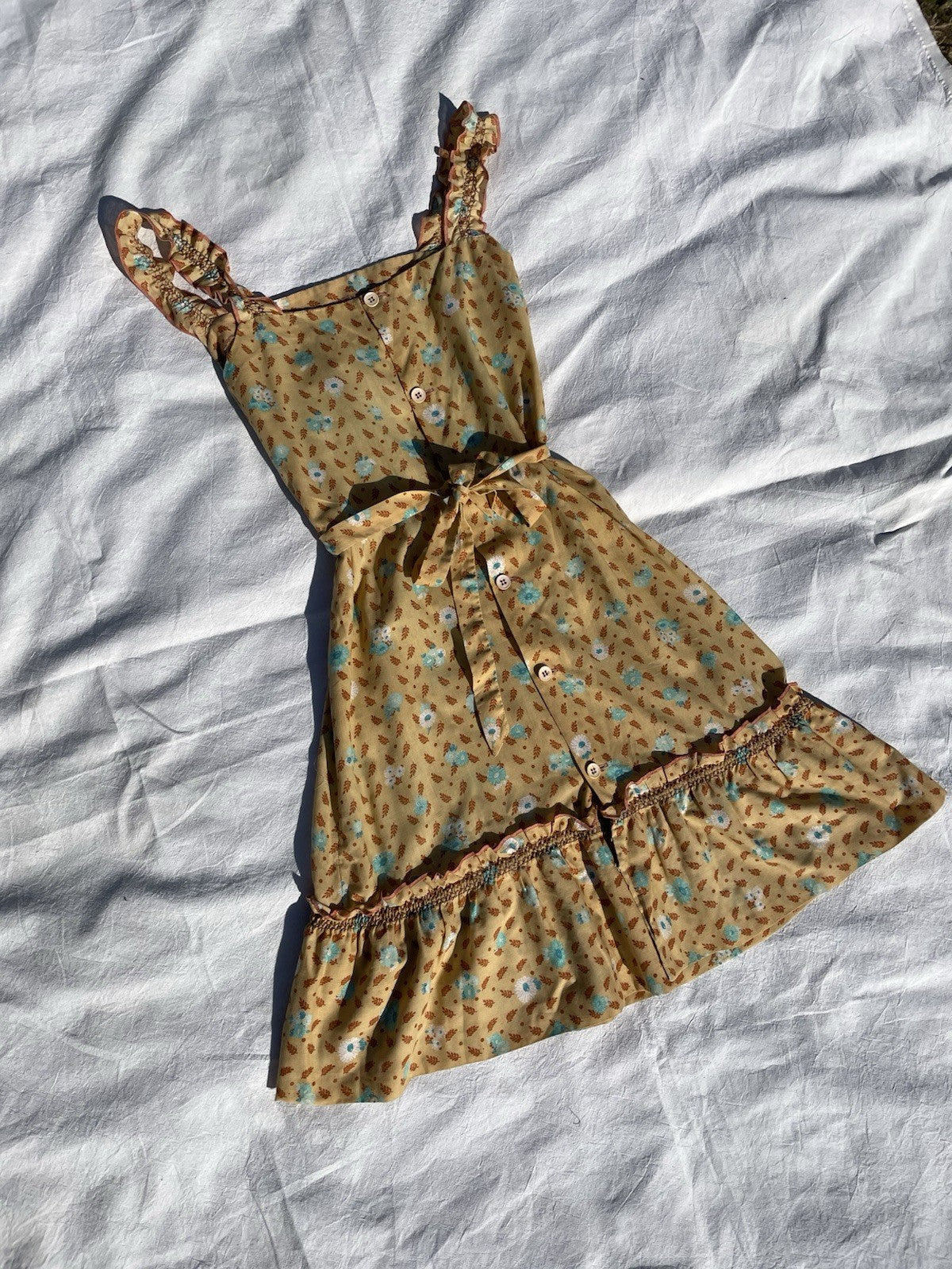 Vintage Size S 8 Apricot Boho Floral Ruffle Sun Dress