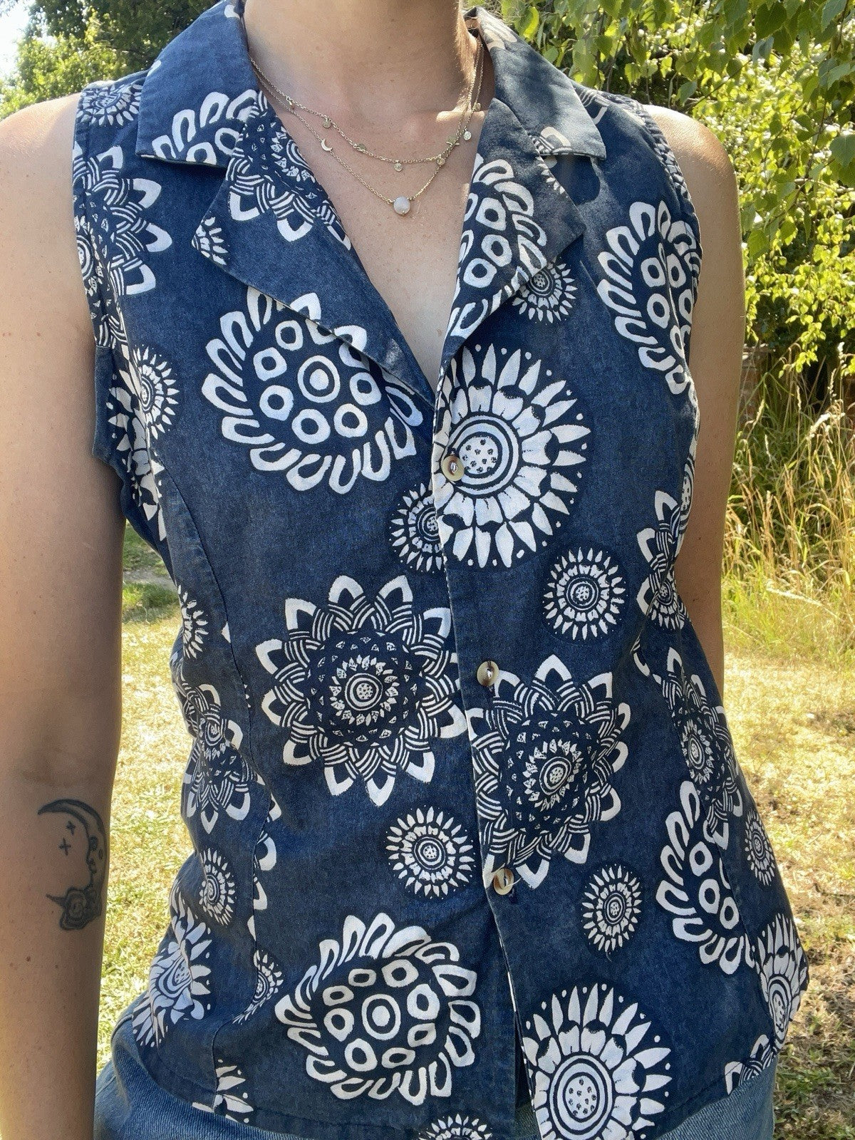 Vintage Size M 8-12 Blue Boho Patterned Sleeveless Summer Top Elissi