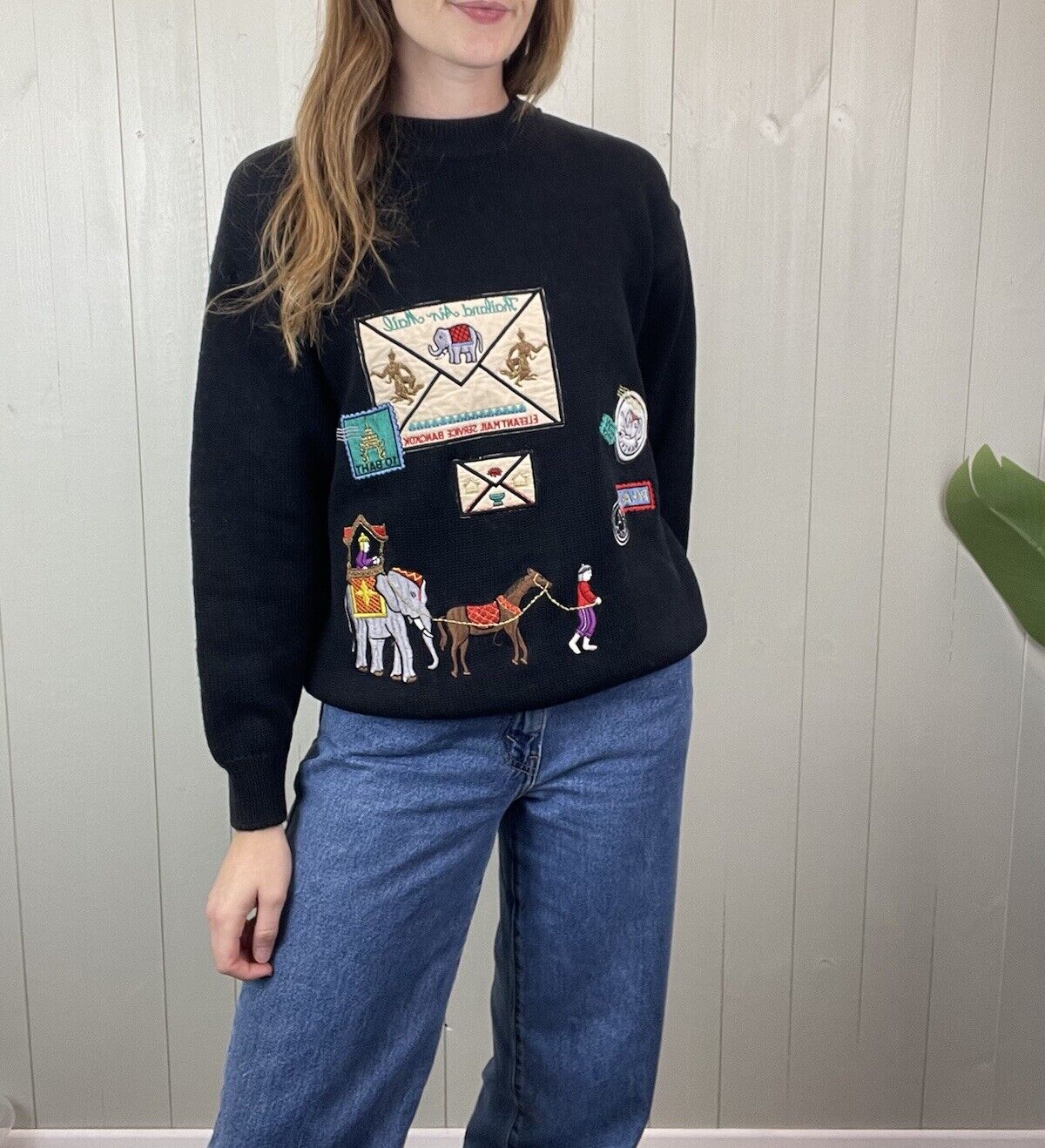 Vintage Size L 8-14 Black Thailand Mai Patch Embroidered Knit Wool Blend Jumper