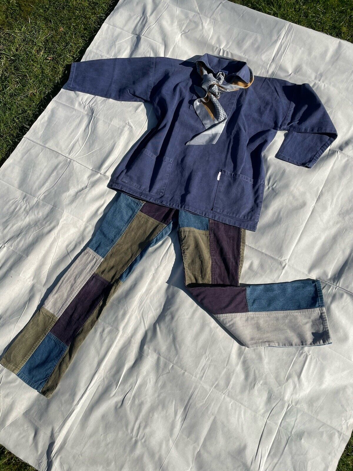 Vintage Size 10-12 Blue High Waist Corduroy Denim Patchwork Trousers Rainbow