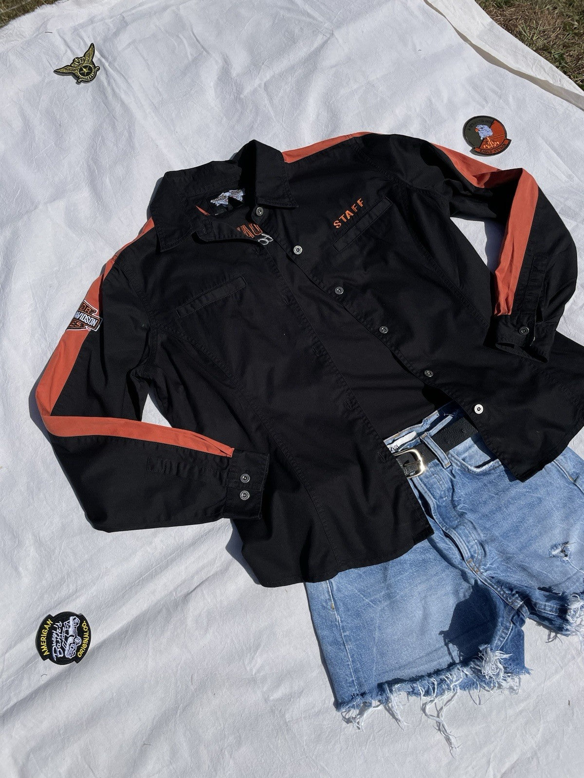 Size L 10-14 Black Orange Harley Davidson Staff Worker Shirt