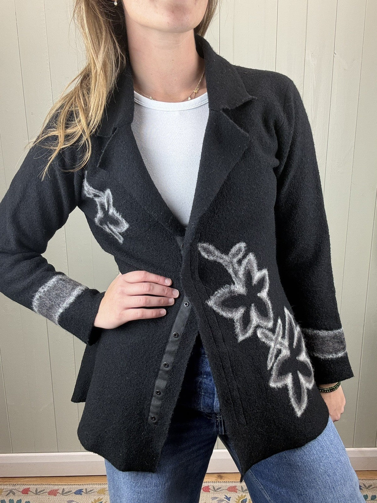 BNWT Vintage Size S 6-12 Black Whimsical Witchy 100% Wool Cardigan Nightingales