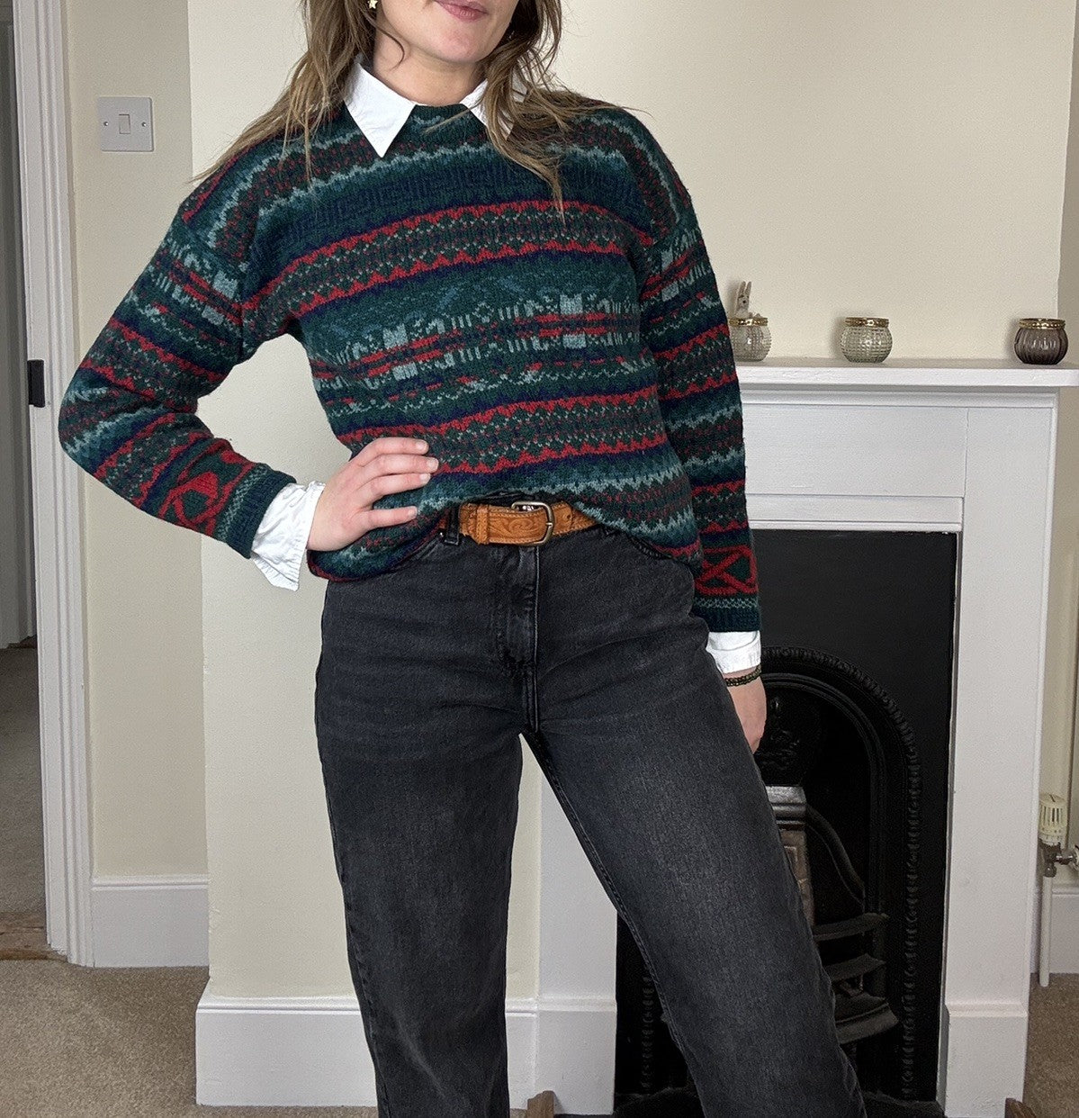 Vintage Size M 8-12 Green Patterned Pure Lambswool Knit Jumper Edinburgh