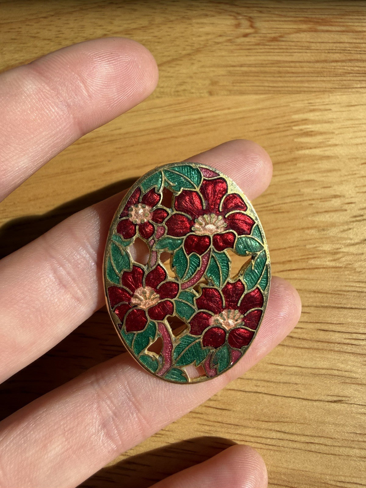 Vintage Gold Tone Red Cloisonne Enamel Flower Brooch